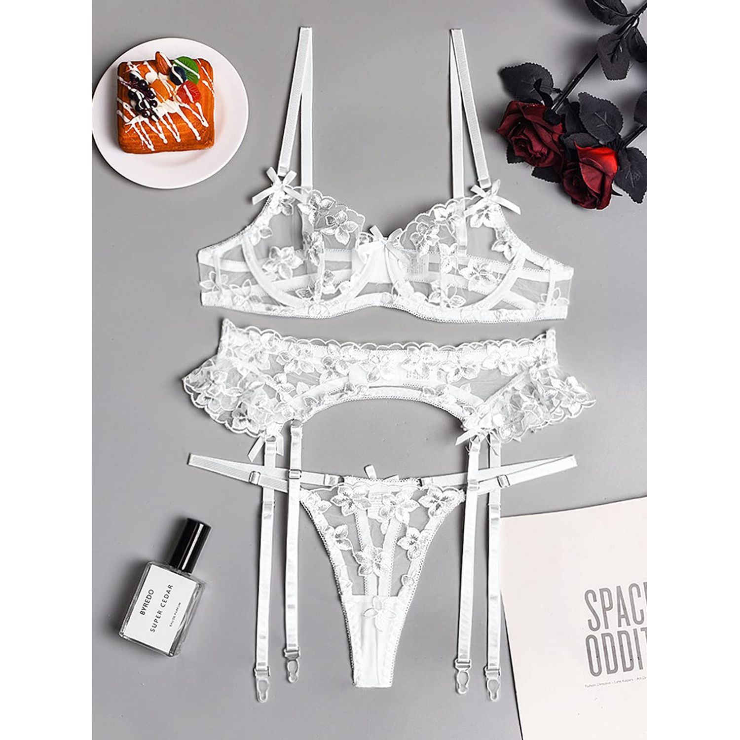 Kaei&Shi Garter Lingerie for Women,Floral Embroidered Underwire Sexy Lingerie Set,Ruffle Matching Thong 3 Piece Sheer Lace Lingerie Petite Bridal Wedding Honeymoon Bride White Small