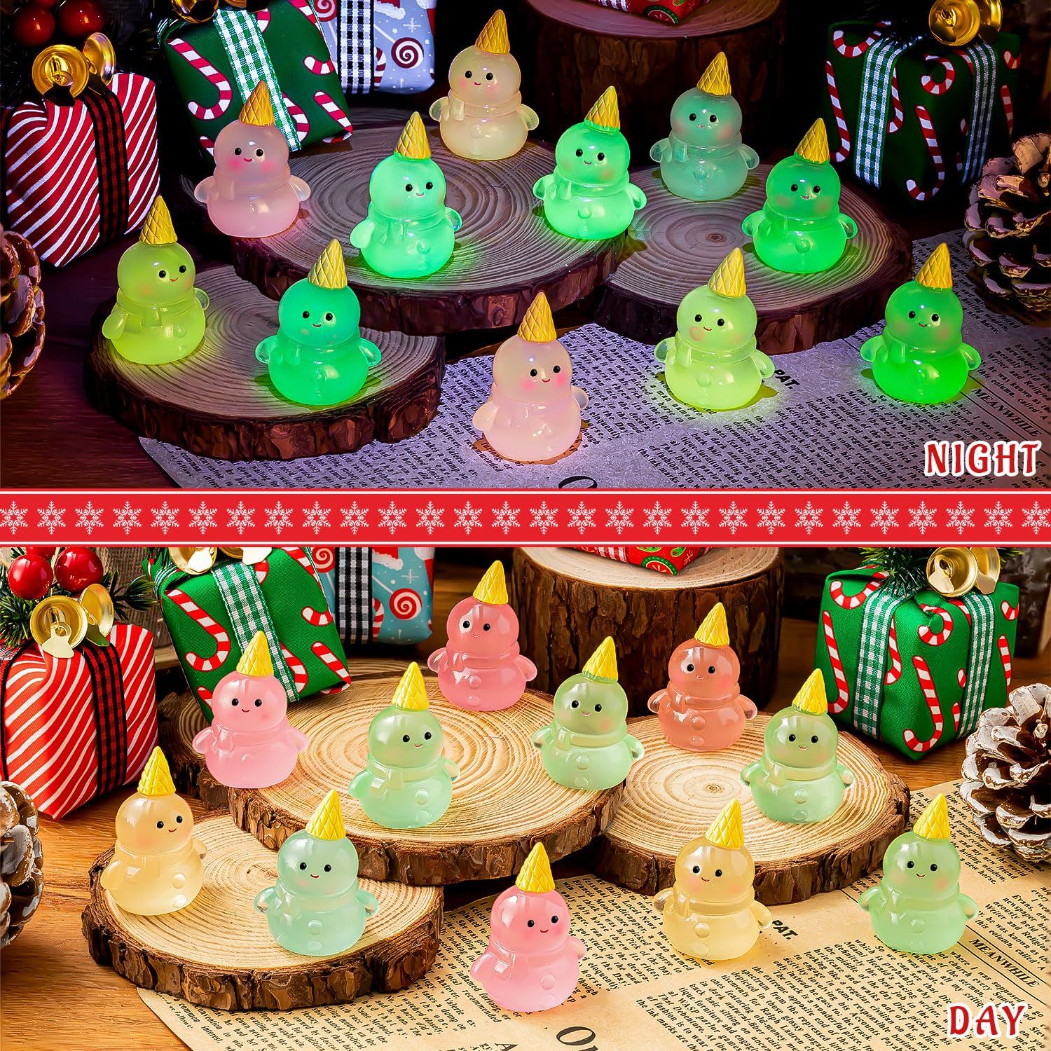 LHSYFBZ 50Pcs Luminous Mini Resin Snowman, Miniature Snowman, Glow in The Dark Tiny Snowman for Garden Landscape Aquarium Dollhouse Birthday Party Room Crafts Decor