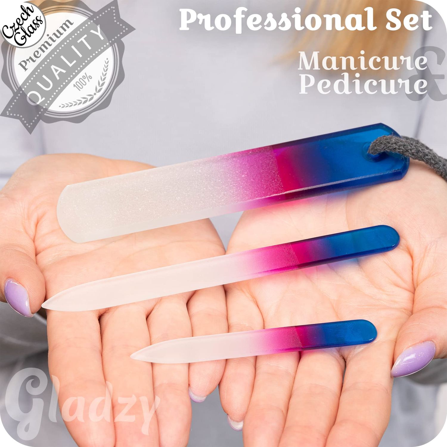 GLADZY® Genuine Czech Glass Nail File Set - Callus Remover Foot Rasp, Double Sided Different Grit Surface, Professional Manicure & Pedicure Tools, Premium EU Quality