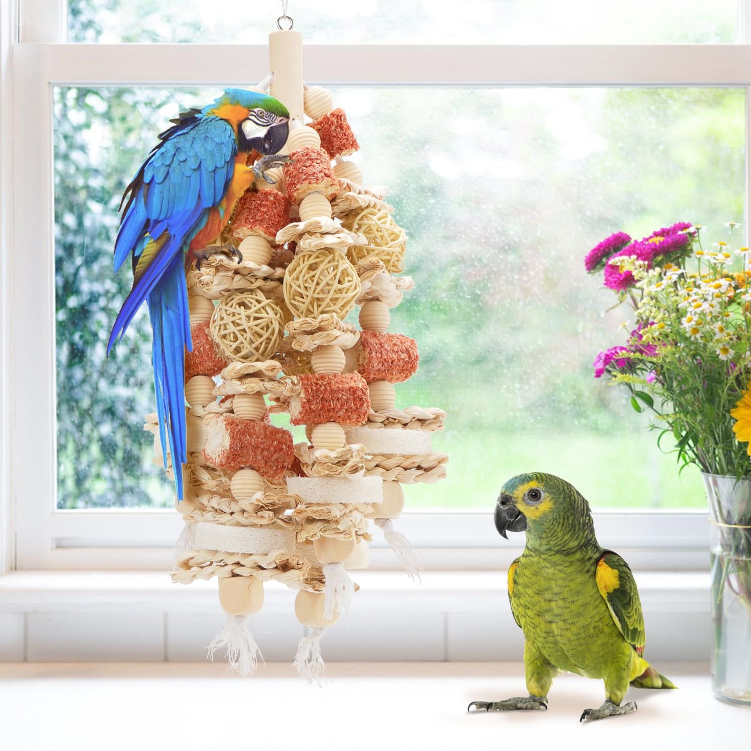 kencunay Bird Toys That is 17.5 Inches in Length, Parrot Toy Designed for Chewing Features Natural Corn cob and Loofah Slices, Can Be Hung in Large and Medium-Sized Parrot Cages