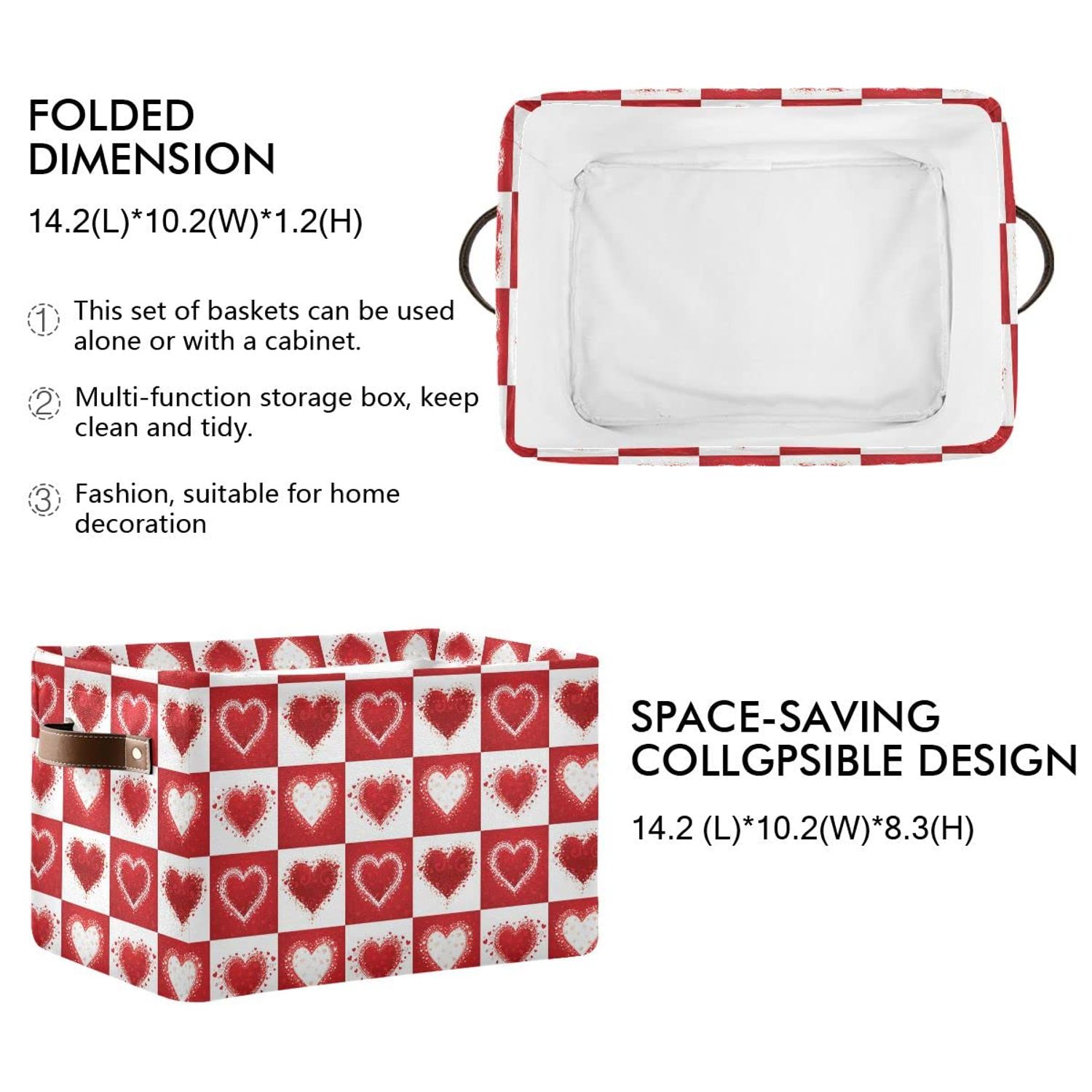 Happy Valentine's Day Love Heart Storage Basket Fabric Laundry Baskets Red White Buffalo Plaid Storage Boxes Organizer Bag for Baby Cloth Dog Toy Book Storage Cubes Shelf Closet Bins 16×12×8 Inches