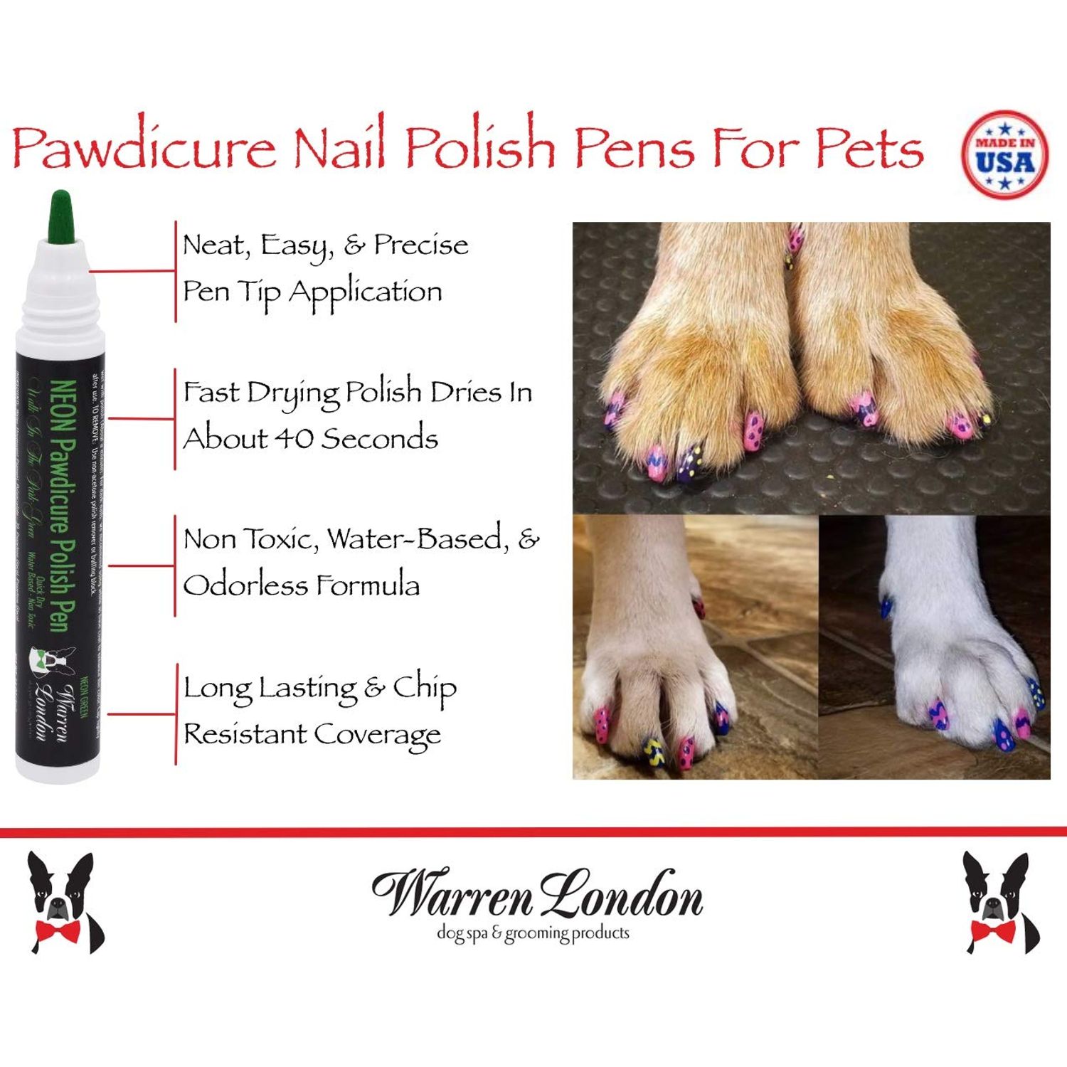 Warren London Pawdicure Dog Nail Polish Pens | Made in USA | Quick Dry, Low Odor, Non-Toxic Dog Accessories | Ideal for Dog Birthday, Dog Costume | 13 Colors | Neon Green