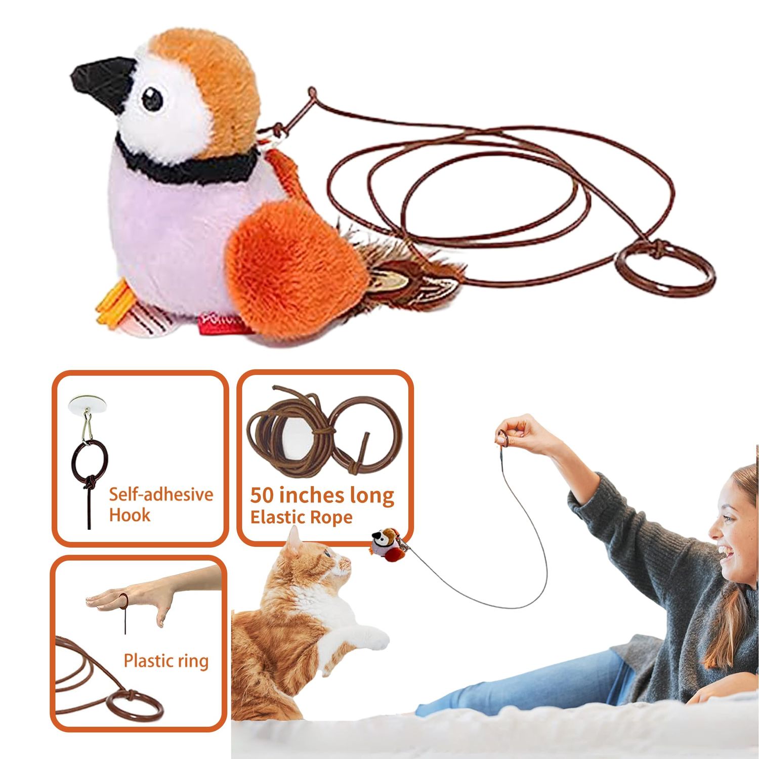 PETFUTURE Cat Toys for Indoor Cats,Interactive Chirping Bird Cat Toys with Catnip and Feather, Kitten Toys, DIY Cat Wand Toys Hanging from Door Cat Tree Cat Tower Toy for Indoor Cats