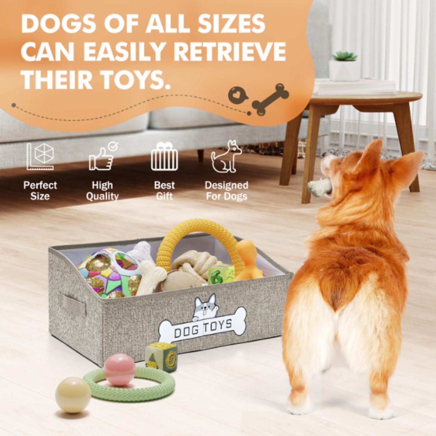 Mutiearo Dog Toy Basket, Specially Designed for Dog Toy Storage, Collapsible Dog Toy Box with Handle，Perfect for Storing Pet Toys and Accessories (Light Khaki), KY0300
