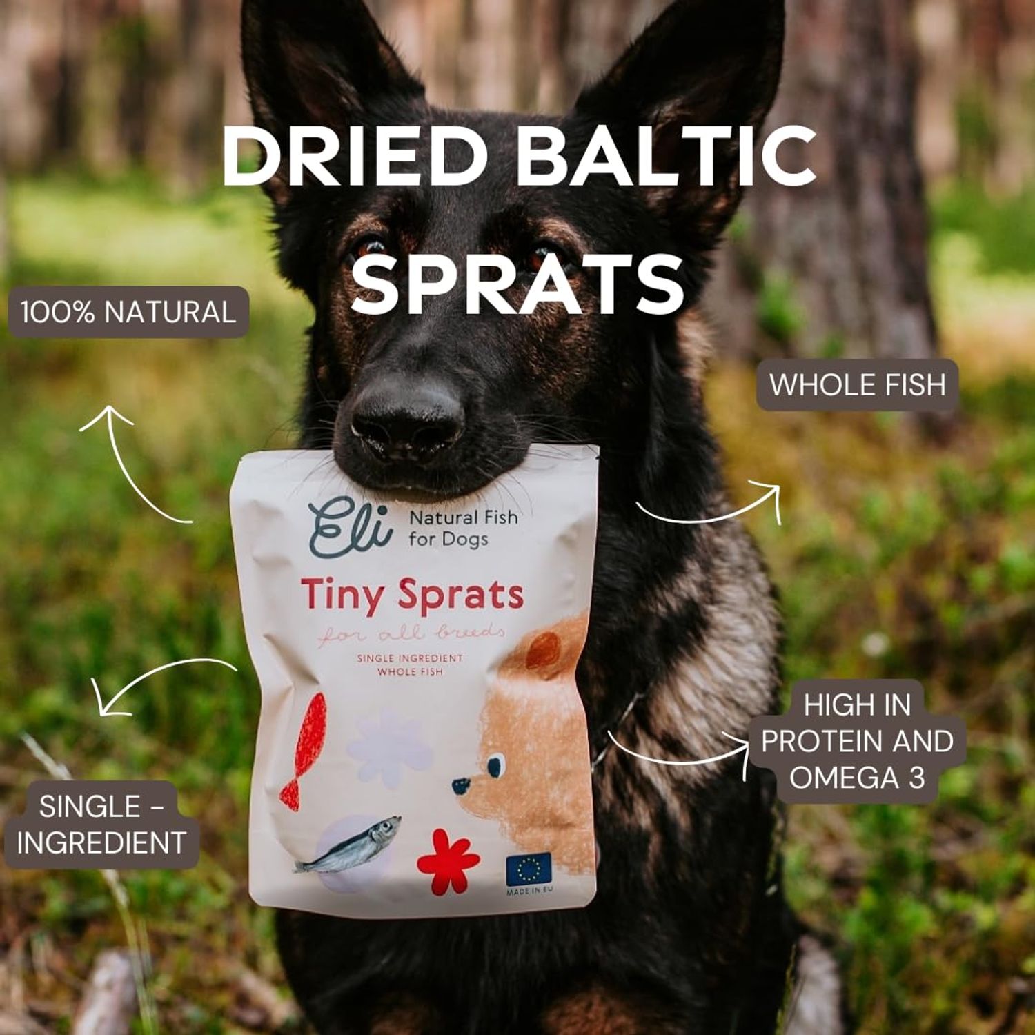 Eli 2 Pack of Baltic Sprats 3 oz - Pet Treats Fish Dog Treats - Single Ingredient Dog Treat - with Omega 3 & 6 Fatty Acids to Support Skin & Coat - 100% Whole Fish - Wild Caught Baltic Sprat