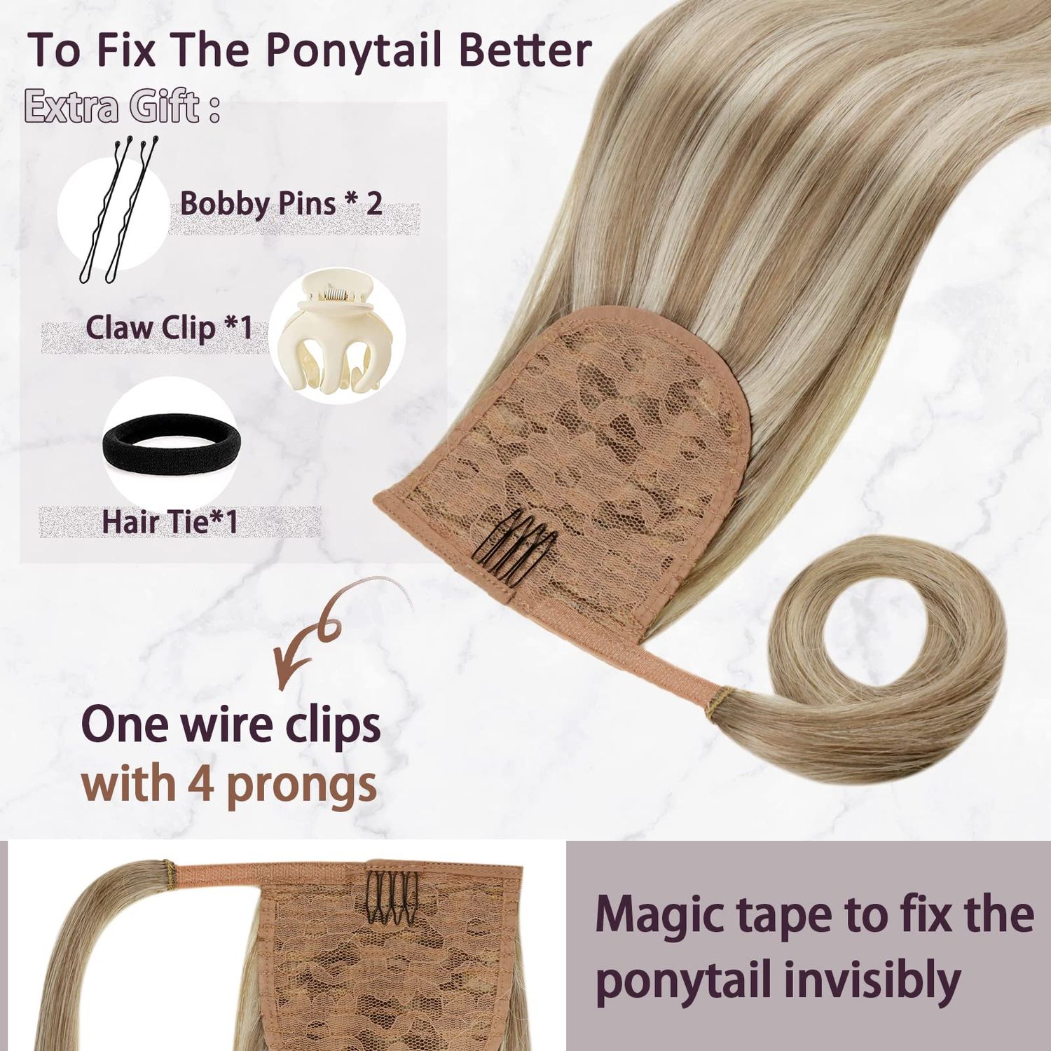 RUNATURE Ponytail Hair Extensions Human Hair 20 Inch 80g Straight Ponytail Human Hair Extensions with Clips Light Brown with Platinum Blonde Natural Wrap Around Ponytail Extension Long Hair Full Ends