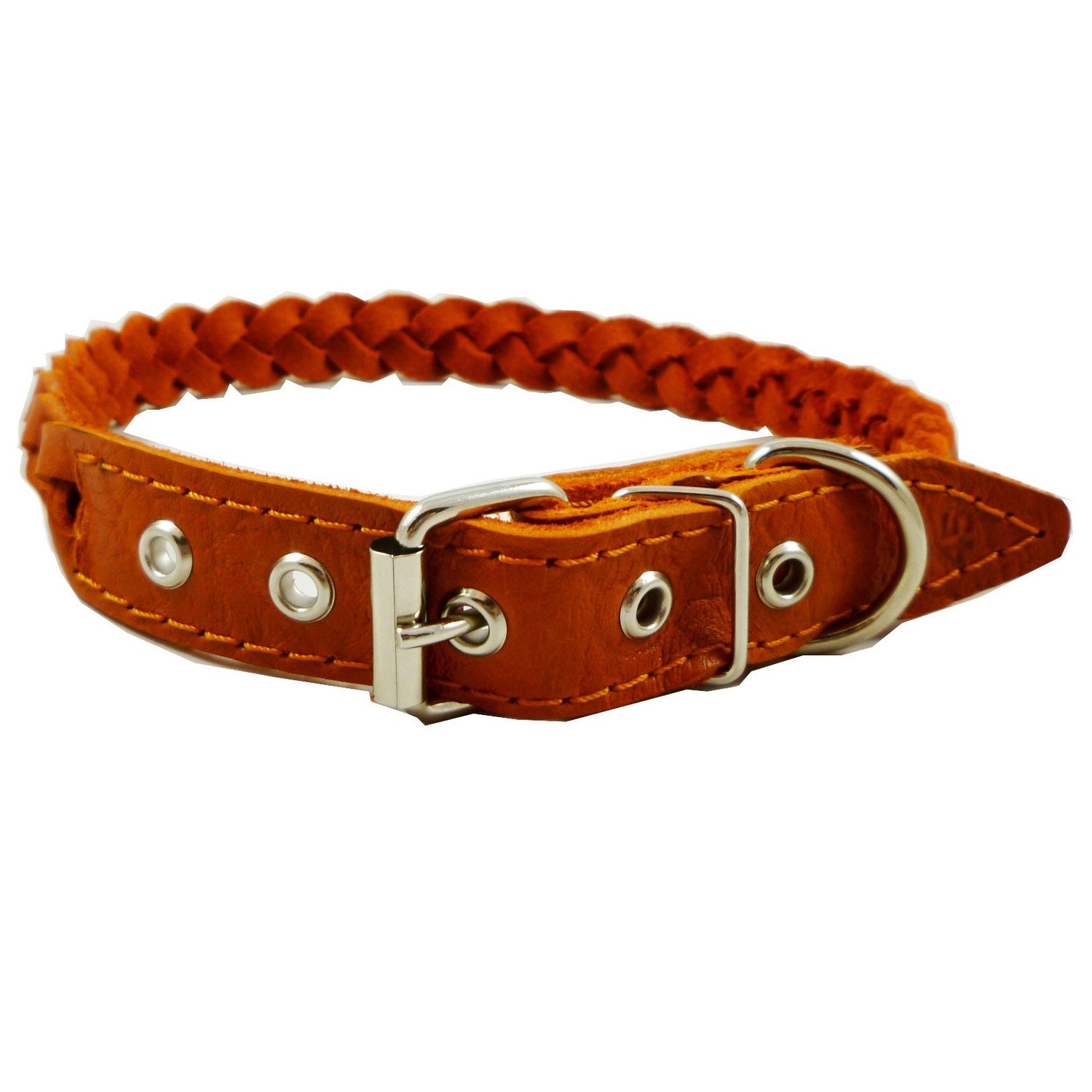 Genuine Leather Braided Dog Collar 14.5"- 17" Neck, 3/4" Wide, Orange