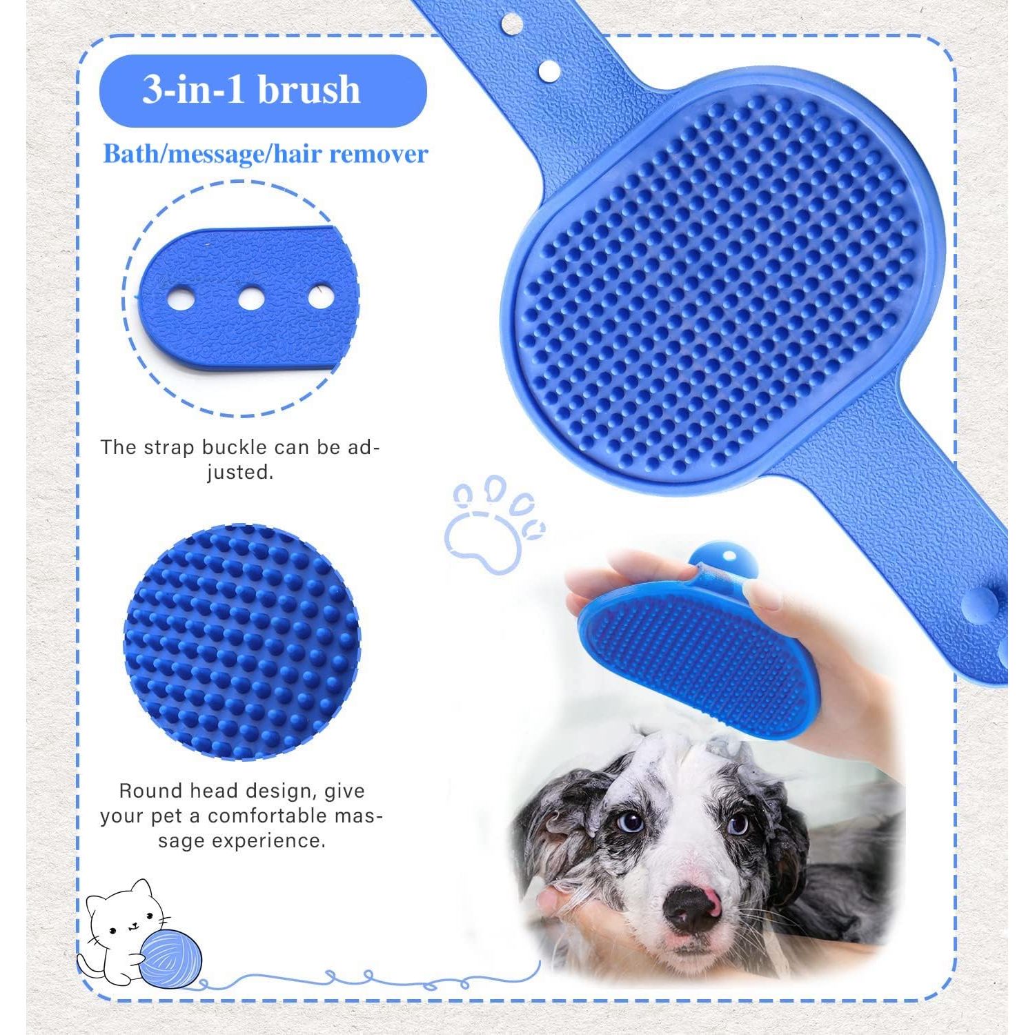 3PCS Dog Bath Brush, Dog Shampoo Brush Dog Scrubber for Bath, No Slipping Pet Shower Grooming Massaging Washing Brush with Adjustable Ring Handle for Short & Long Haired Dogs/Cats (Blue)