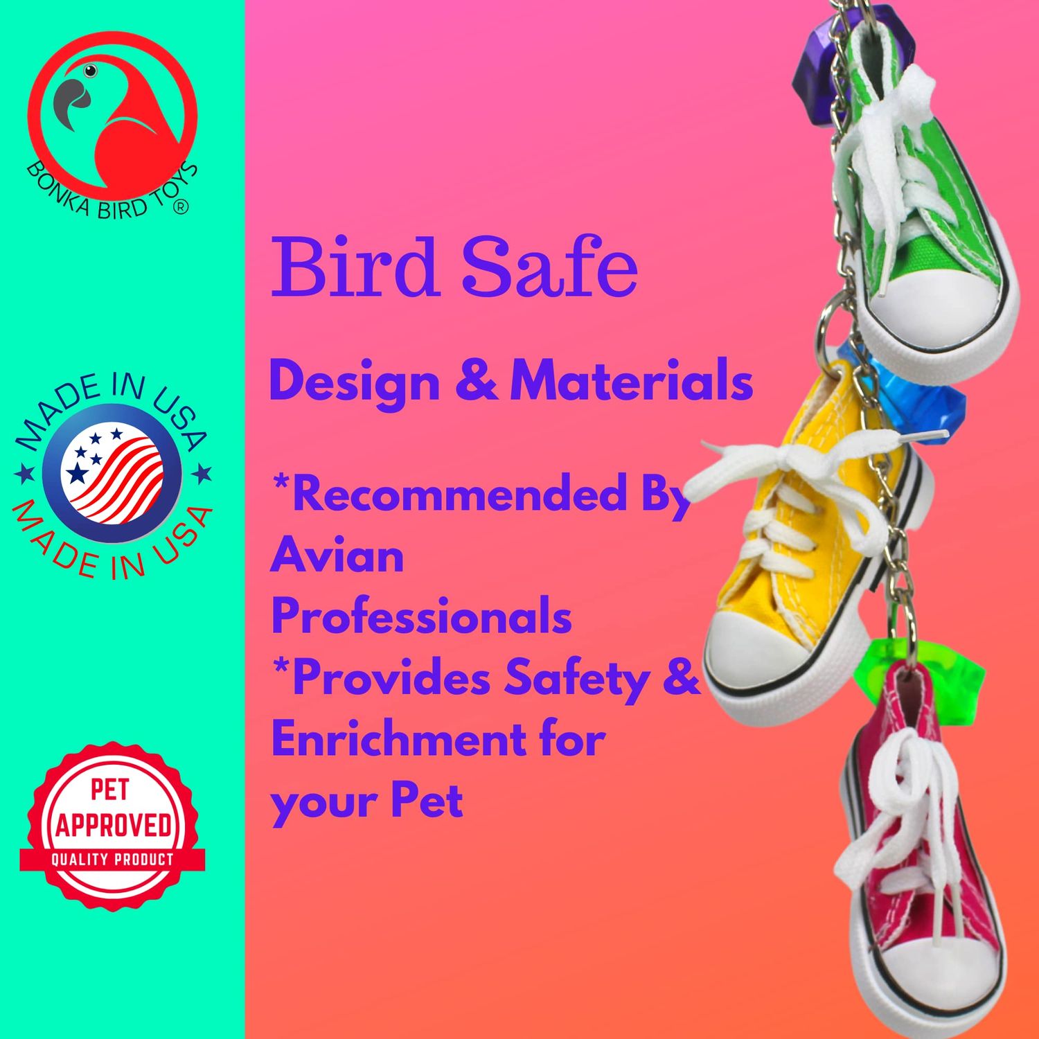 Bonka Bird Toys 2333 Sneaker Chain Chew Forage Shred Acrylic Rings Laces Aglets Cockatiel Parakeet Conure and Other Similar Sized Birds Made in The USA