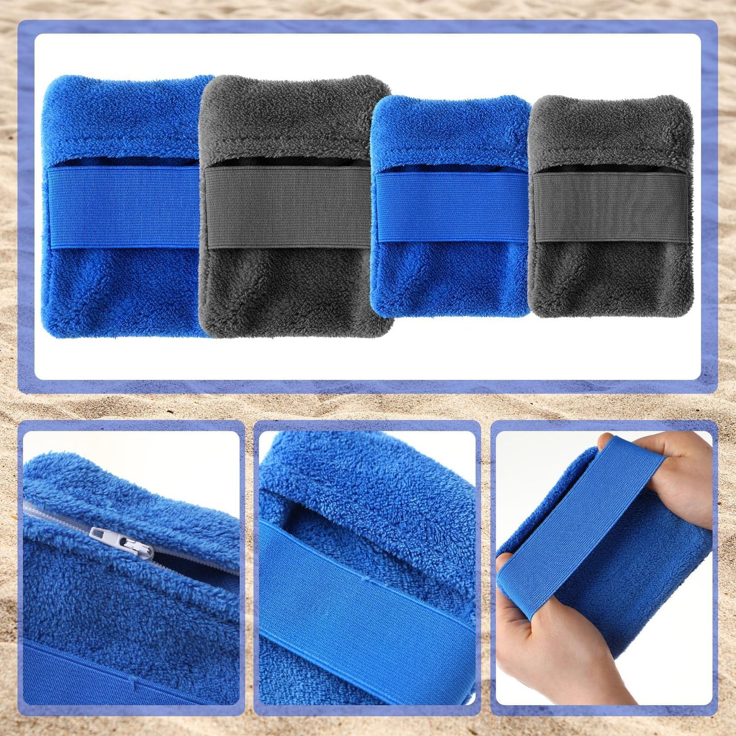 Frienda 4 Pcs Sand Remover for Beach Sand Removal Bag Sand Wipe off Mitts Sand Cleaner Powder Pouch Surf Sand off Beach Accessories Beach Essentials for Vacation Camping, 2 Sizes