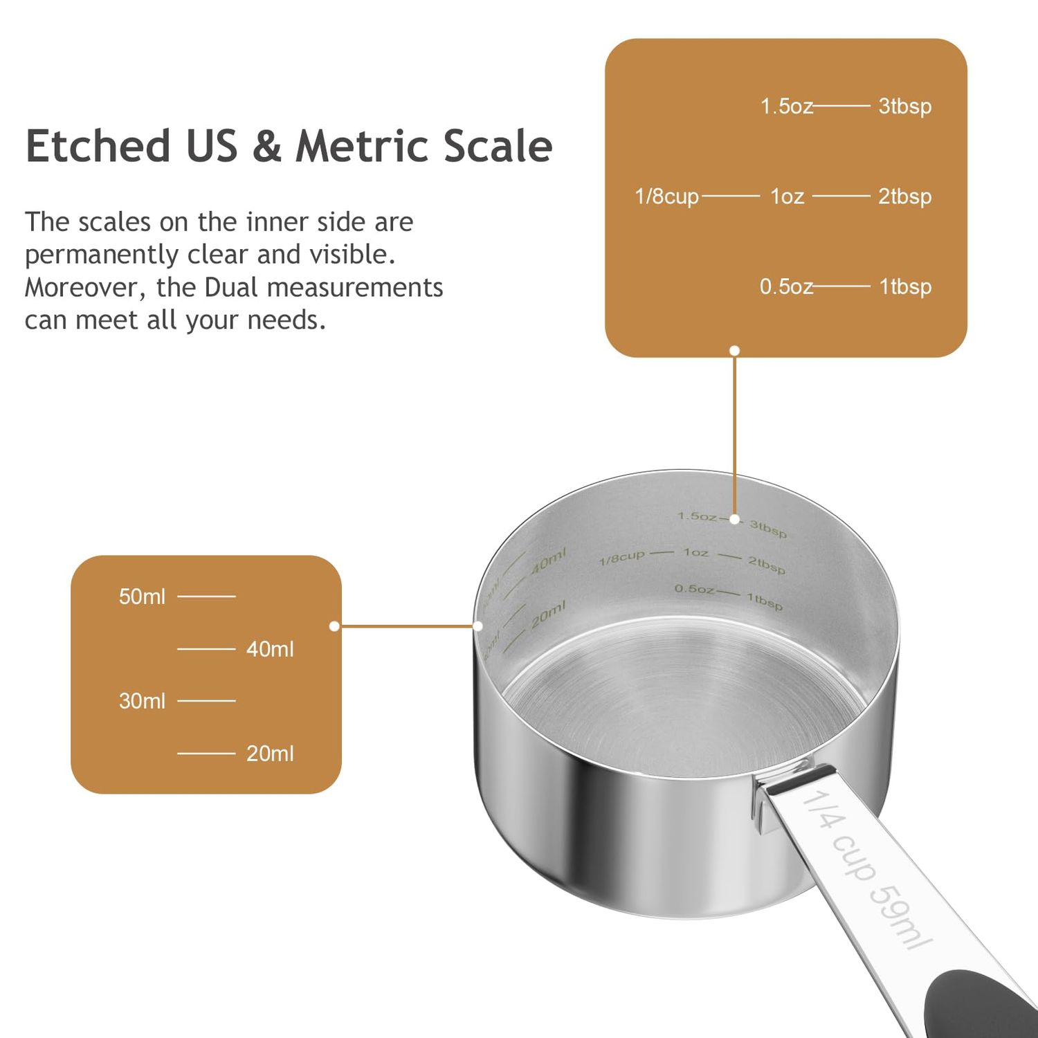 LEIFENY 2PCS 1/4CUP(59ml) Dog Cat Food Scoop, Stainless Steel Measuring Cup, Metal Pet Scooper with Inner Precision Scale Measurement