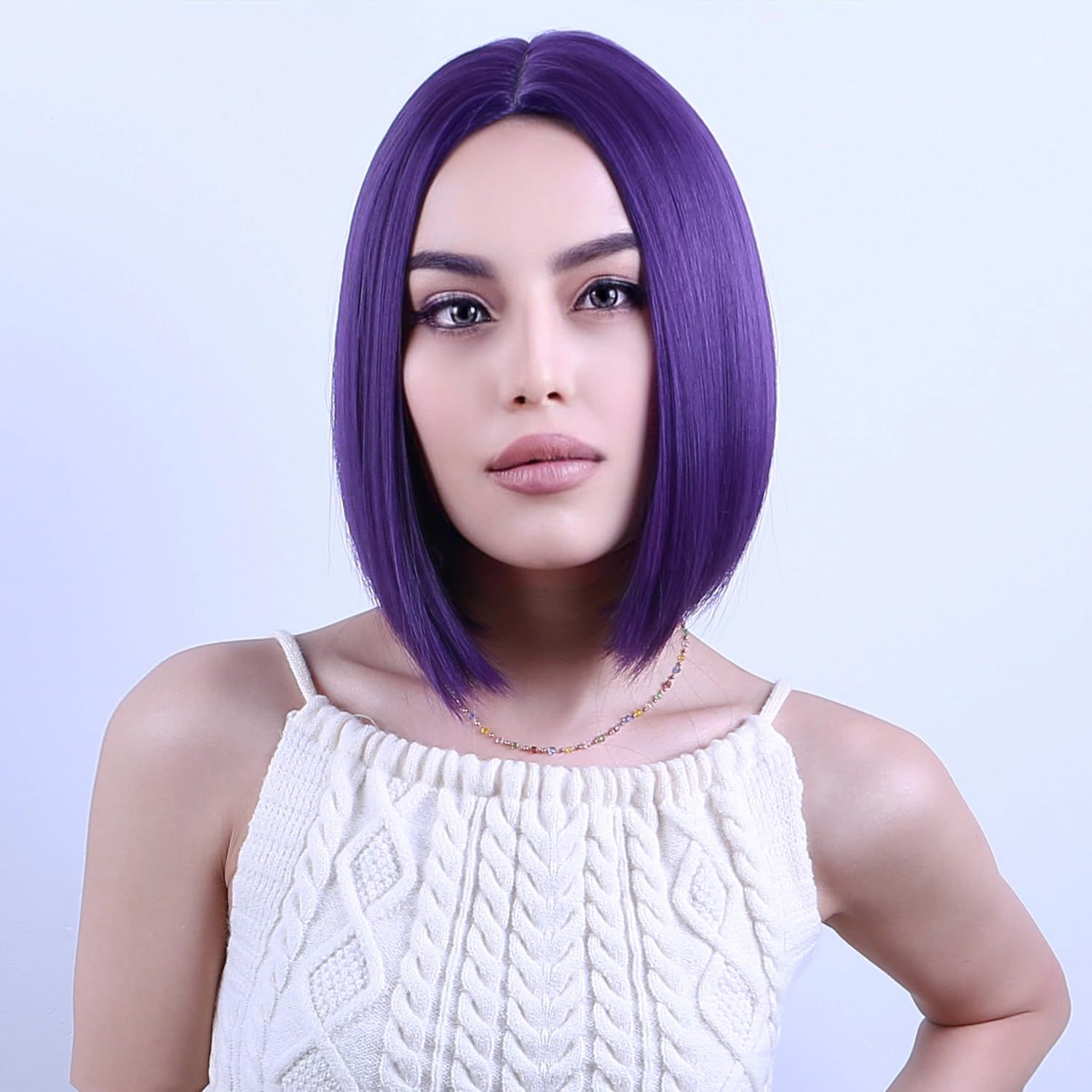 PATTNIUM Dark Purple Bob Wig for Women Short Straight Purple Wig with Bangs Short Purple Bob Hair Wigs Heat Resistant Synthetic Wig with Wig Cap
