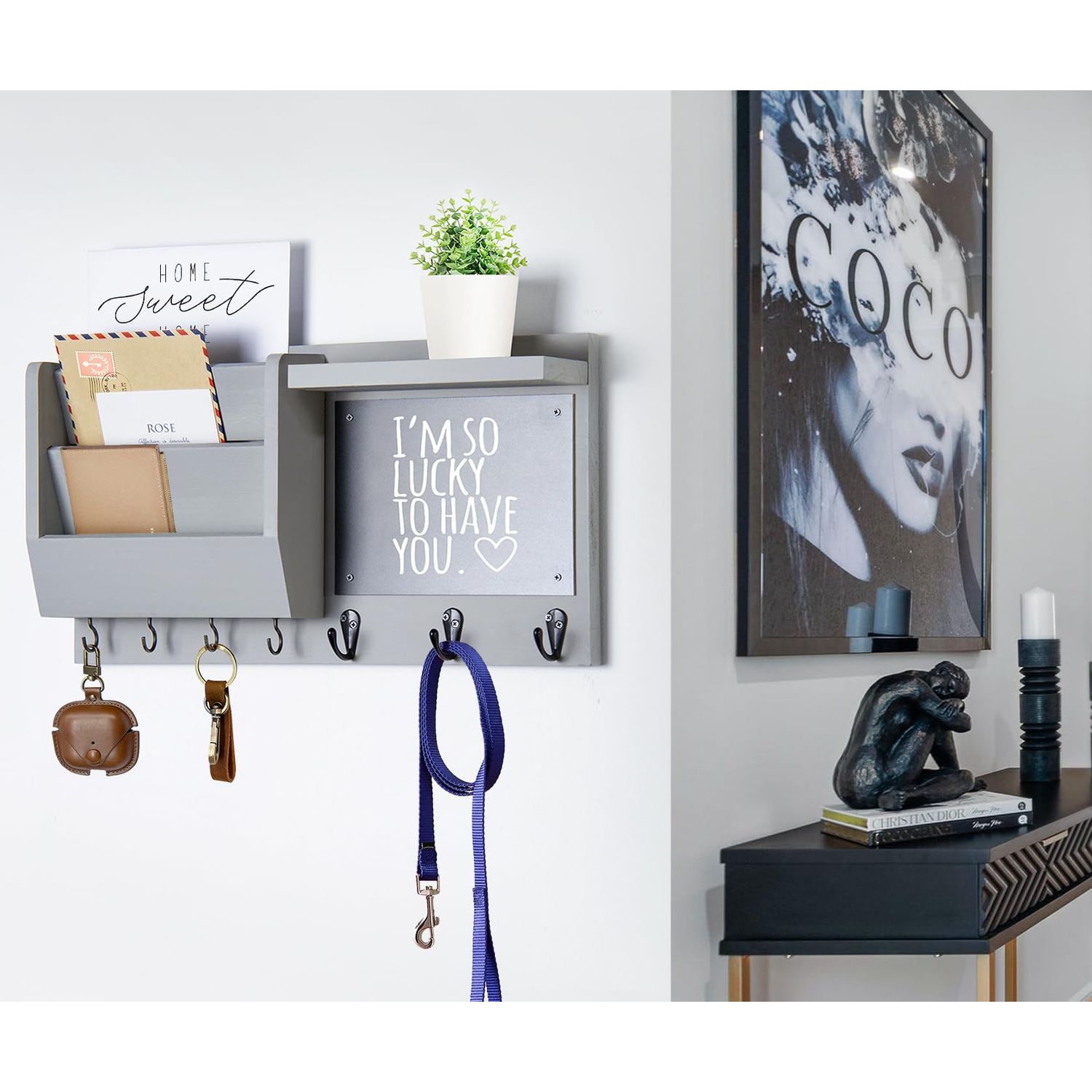 Ziivita Key Holder for Wall - Mail Holder Organizer Wall Mount with Shelf - Hanging Key Rack Hanger with Hooks Decorative for Home Letter Dog Leash Entryway Living Room Decor