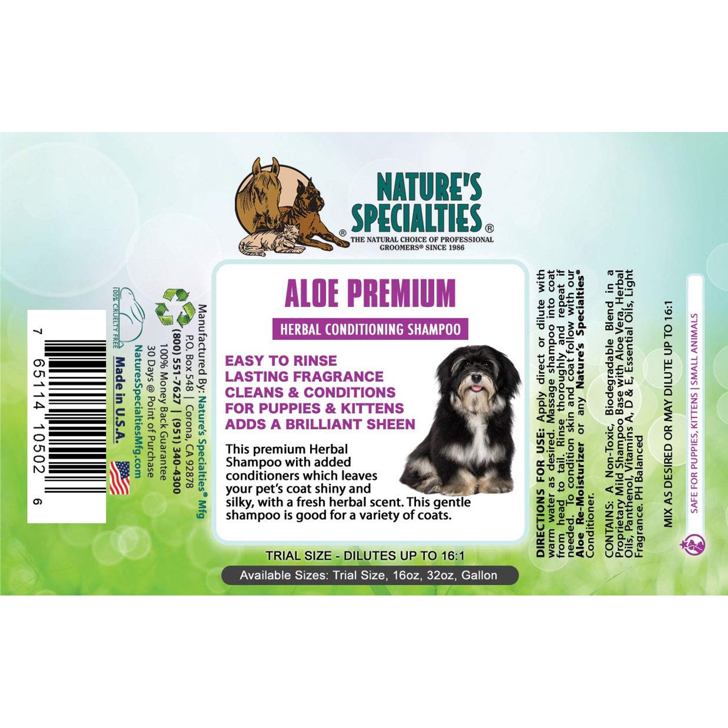 Nature's Specialties Aloe Premium Ultra Concentrated Dog Shampoo Conditioner for Pets, Makes up to 2 Gallons, Natural Choice for Professional Groomers, Herbal Aloe Infused Formula, Made in USA, 16 oz