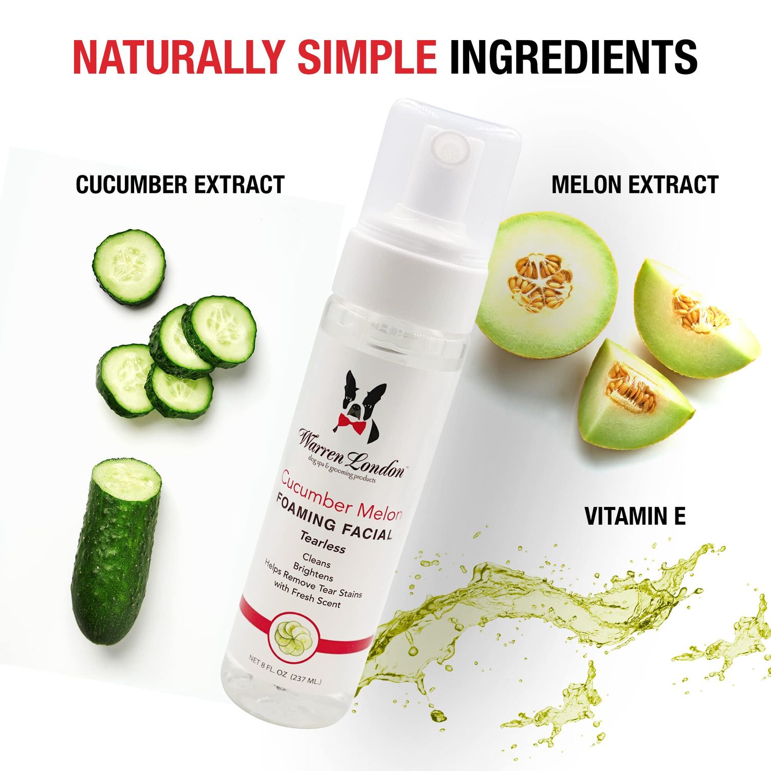 Warren London Foaming Pet Facial | Tear Free Dog Face Wash | Tearless Dog Shampoo for Faces & Dog Eye Stain Remover | Refreshing Cucumber Melon Wash | Made in USA | 8oz
