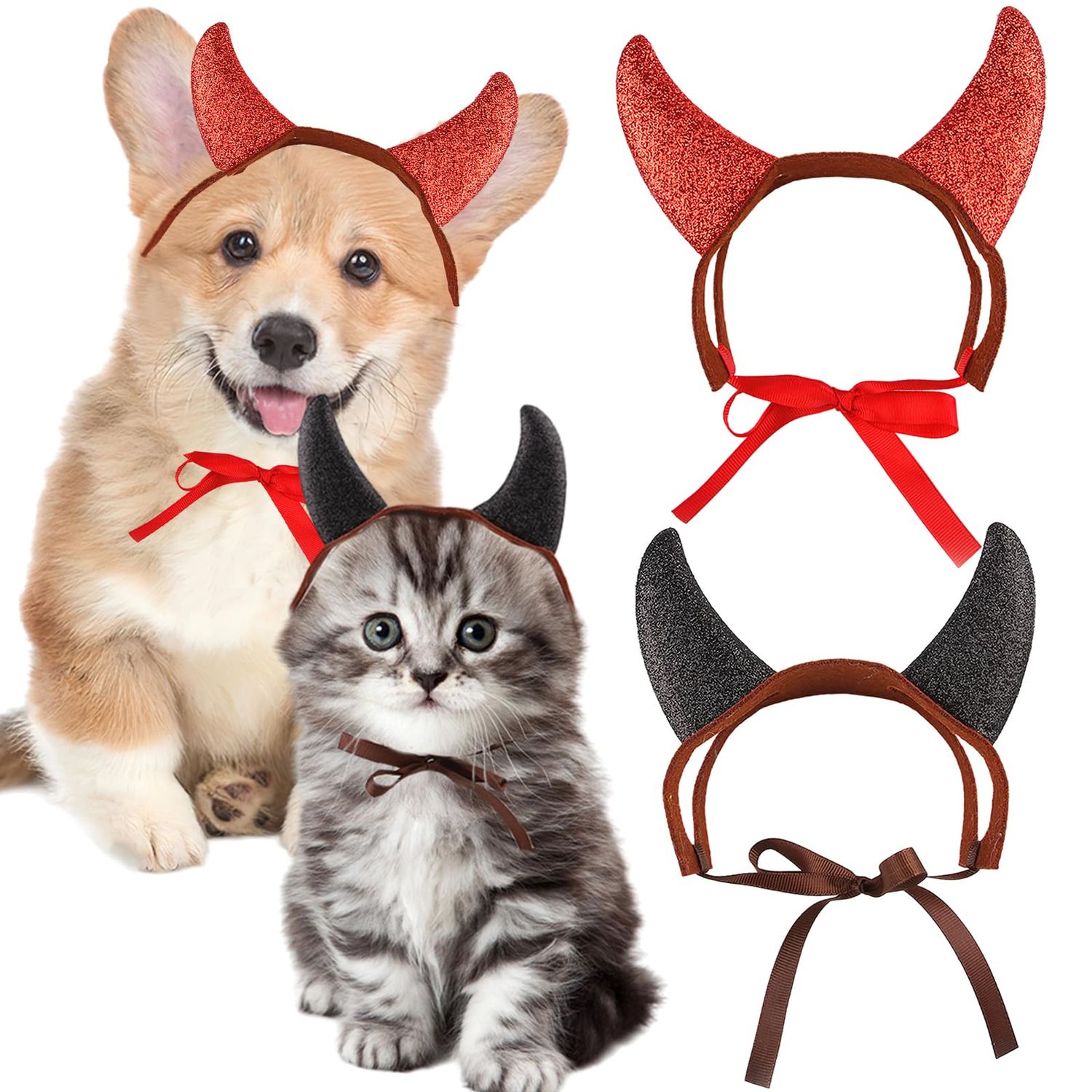 2Pcs Halloween Devil Horns Headband for Dogs Cats Cute Pet Costume Red Black Demon Horn Hat Cosplay Dress Up Hair Hoop Accessories for Kitten Puppy Halloween Holiday Party Supplies (S)