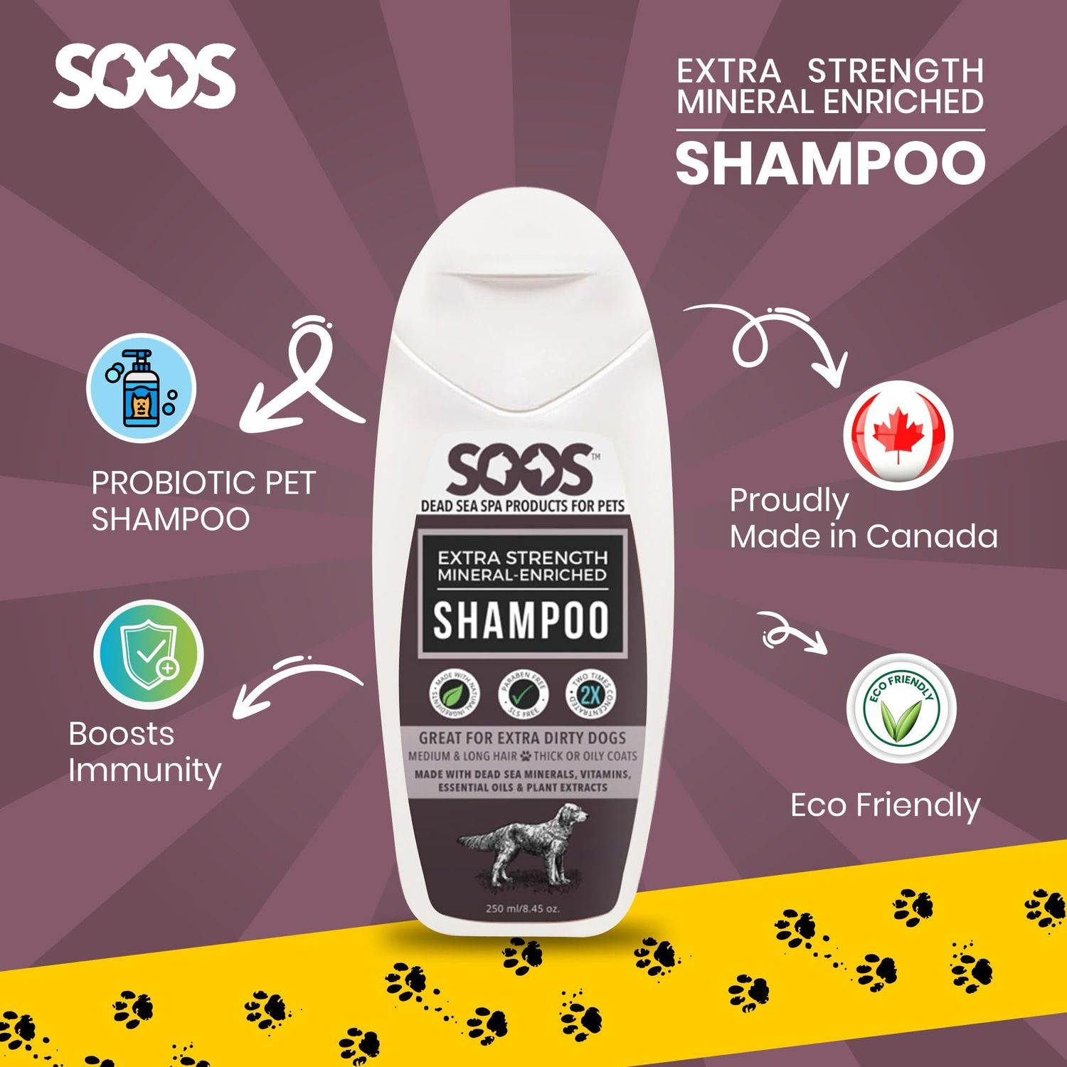 Soos Pets Shampoo Extra Strength for Cat and Dog Shampoo Natural Dead Sea Mineral Enriched Fast Absorbing with Vitamins Essential Oils Natural Ingredients Antib-acterial - 1x 250ml