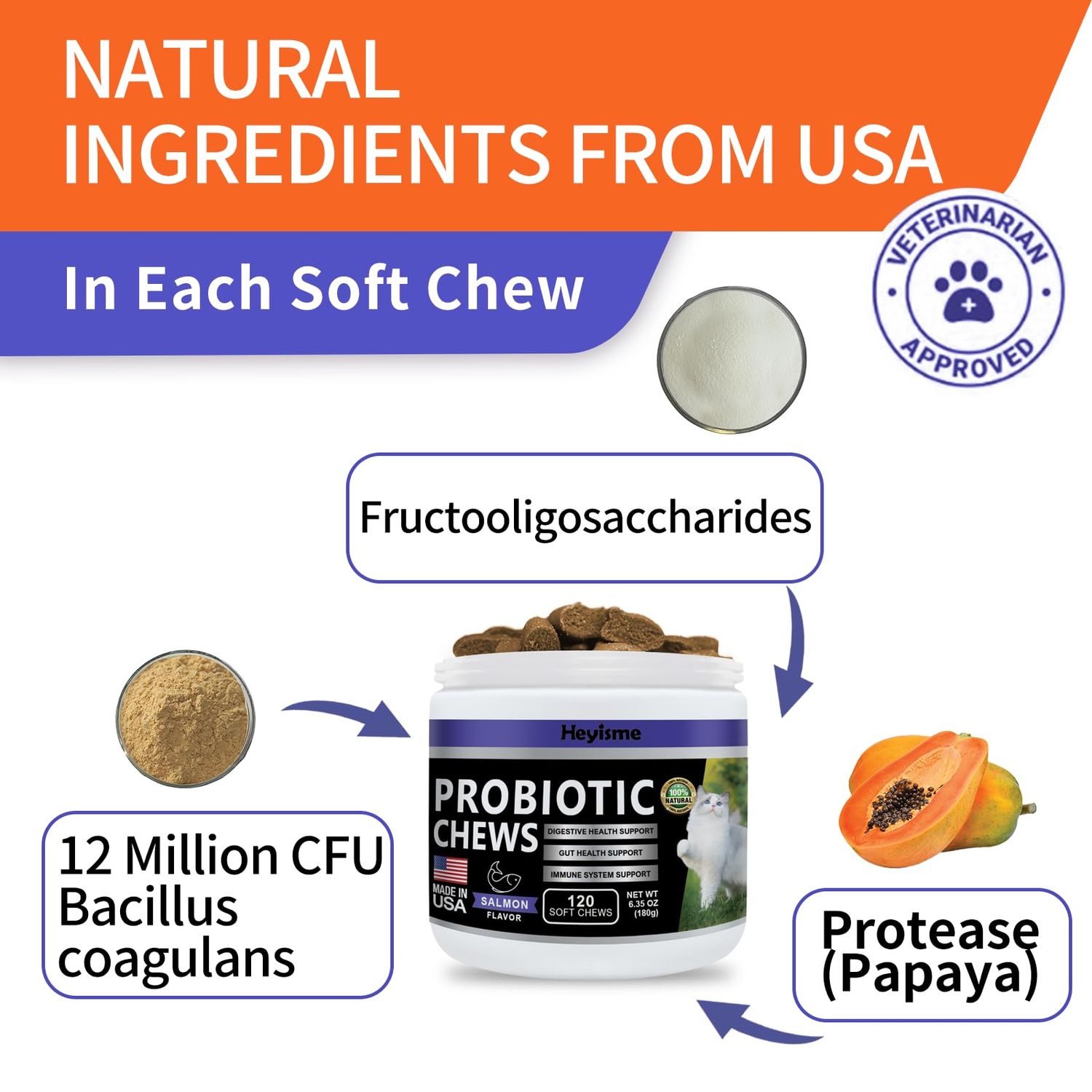 HEYISME Cat Probiotic, Chews for Gut and Immune Health, Cats Probiotic Supplement for Cat Digestive Support, Healthy Digestion, Cat Constipation and Diarrhea Relief (120 Pills, Salmon)