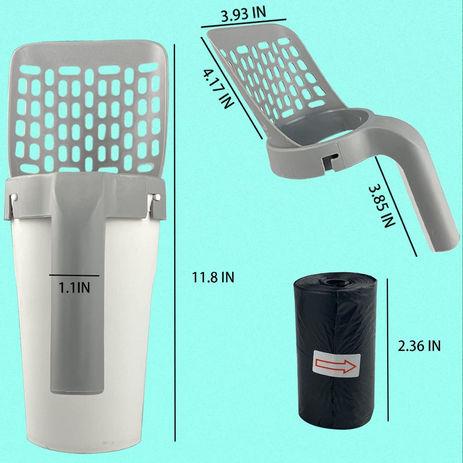Esamploe Cat Litter Scooper with Trash Container,Portable Litter Scoop Holder,Litter Scoop with Holder Provides 215 Garbage Bags,Scoop & Litter Disposal System In One