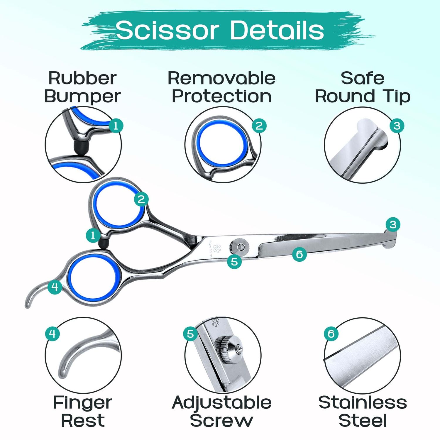 Pawtrim Professional Pet Grooming Kit – 6 in 1 Dog Grooming Scissor Kit - Dog & Cat Grooming Supplies - Adjustable Screw Scissors, 4CR Stainless Steel Dog Clippers, Hair Thinning Shears, Rubber Grips…