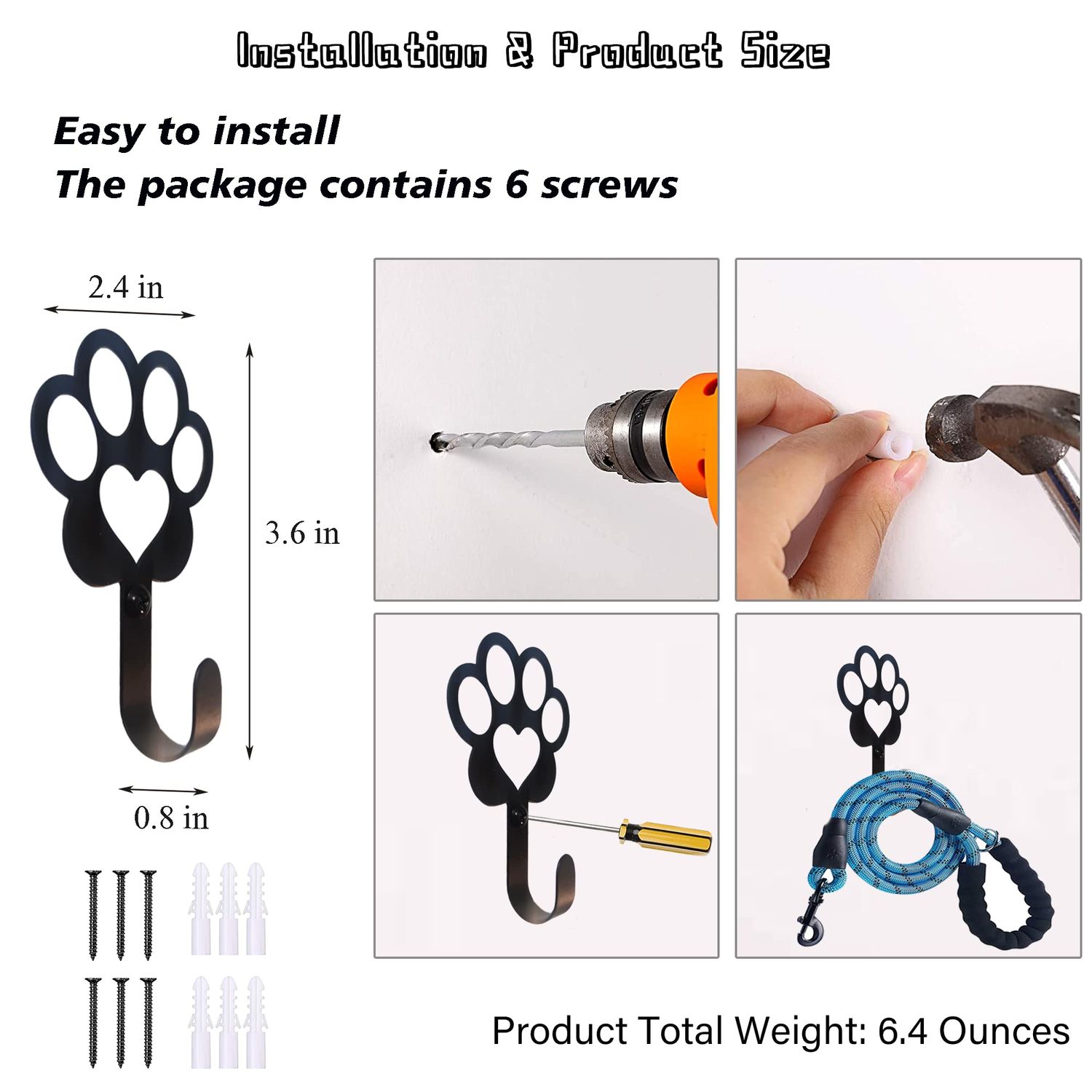 BiaGift 6 PCS Dog Paw Shaped Dog Leash Hook for Wall, Metal Leash Holder Wall Mounted Hanger for Coat Key Entryway Hallway Kitche Office
