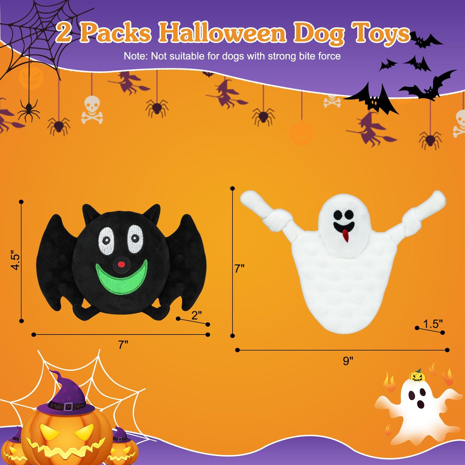 YUEPET 2 Packs Halloween Squeaky Dog Chew Toys, Funny Bat Ghost Plush Dog Toys with Crinkle Paper, Durable Stuffed Dog Toys for Cleaning Teeth for Puppies Small Medium Dogs