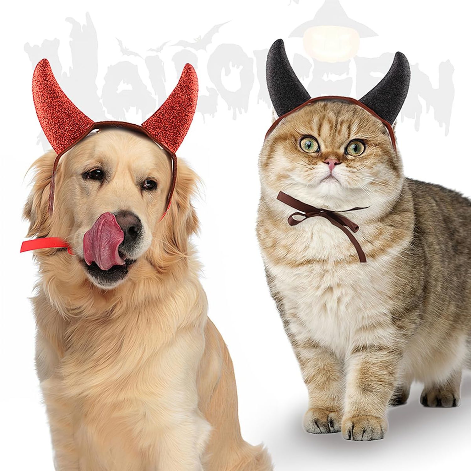 2Pcs Halloween Devil Horns Headband for Dogs Cats Cute Pet Costume Red Black Demon Horn Hat Cosplay Dress Up Hair Hoop Accessories for Kitten Puppy Halloween Holiday Party Supplies (S)