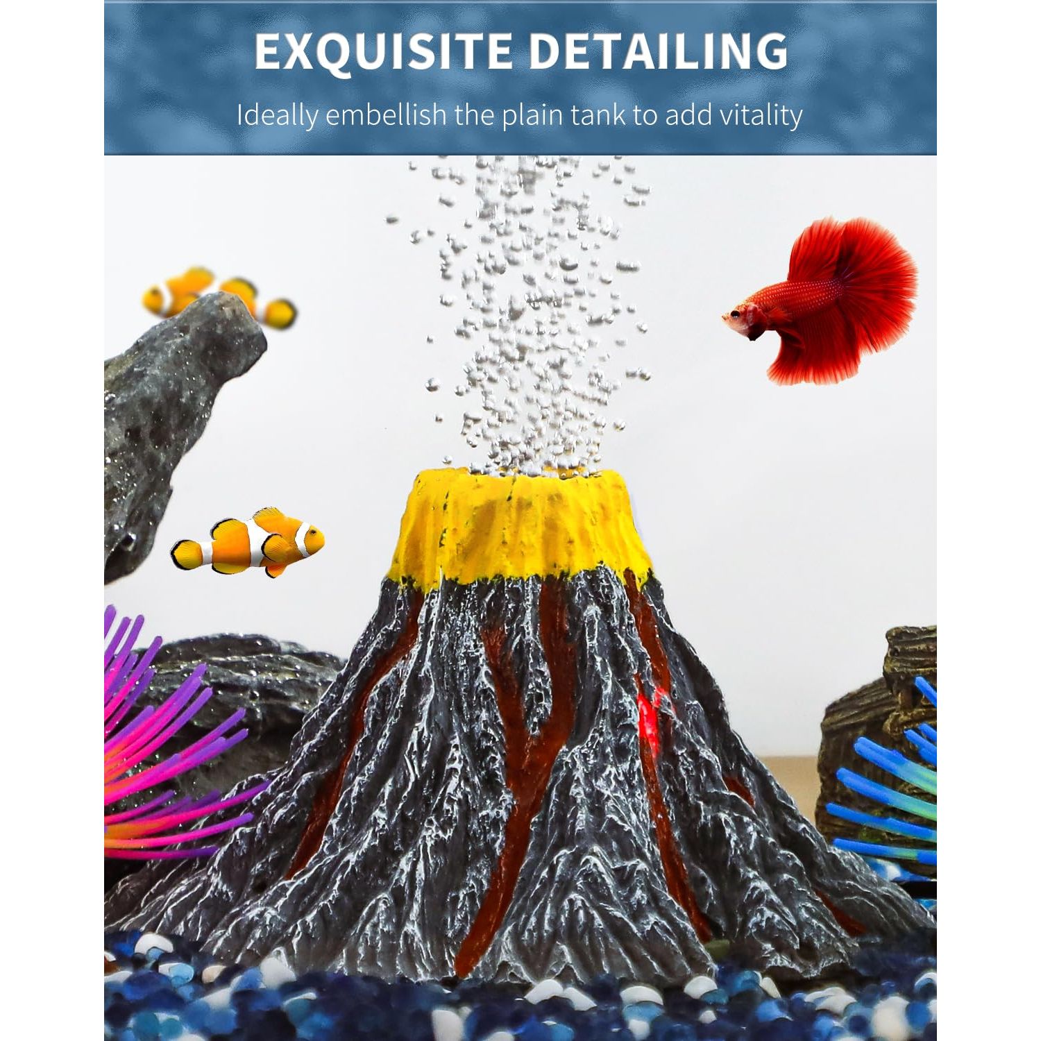 Uniclife Aquarium Volcano Ornament Kit with Air Stone Bubbler Fish Tank Decorations