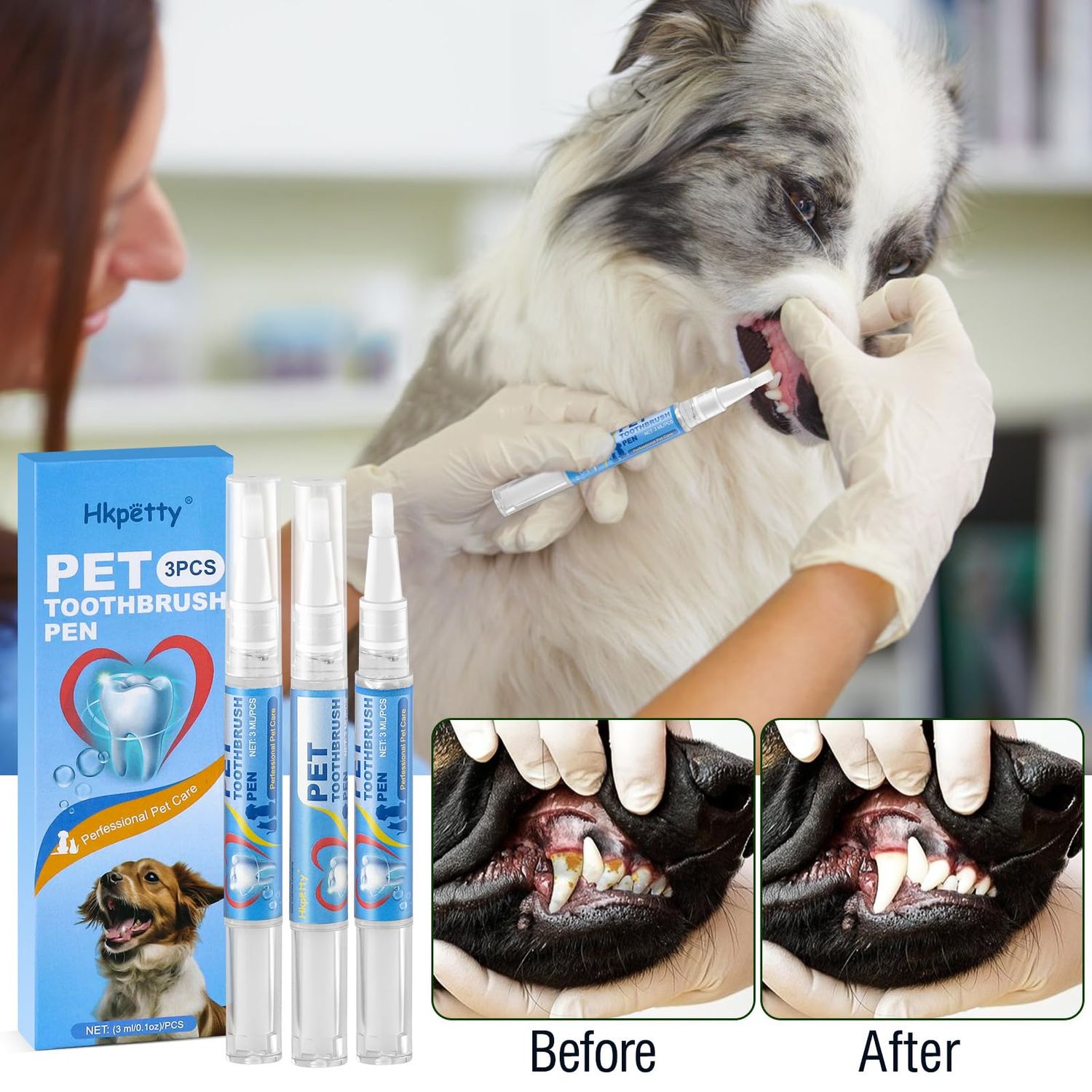 Hkpetty 3PCS Pet Toothbrush Pen,Teeth Brightening Pen for Dog-Pet Dog/Cat Teeth Cleaning Pen for Dental Care,Dogs Cats Natural Plants Tartar Remover Tool