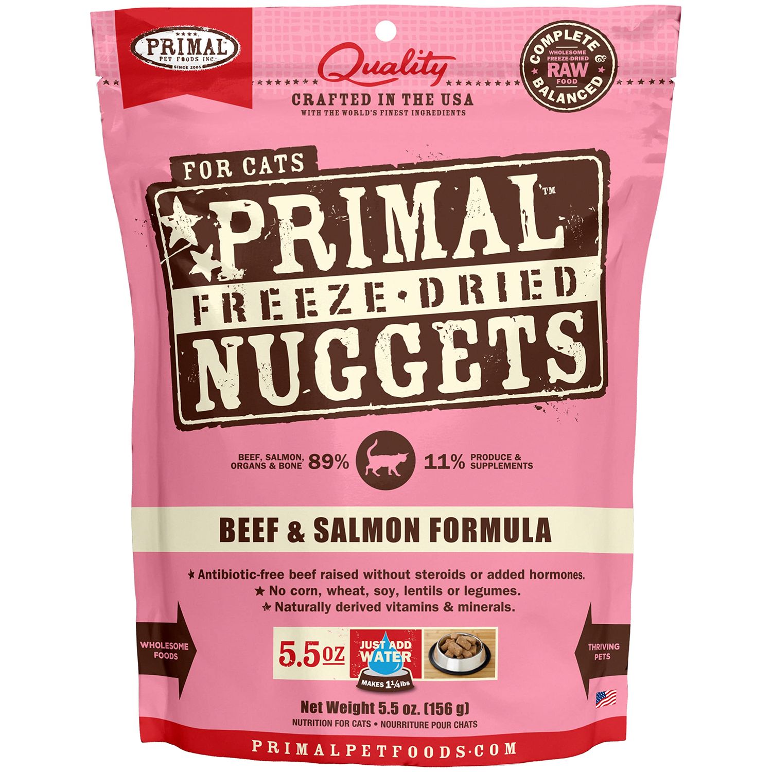 Primal Freeze Dried Cat Food Nuggets Beef & Salmon; Complete & Balanced Meal or Topper; Premium, Healthy, Grain Free, High Protein Raw Cat Food with Probiotics (5.5 oz)