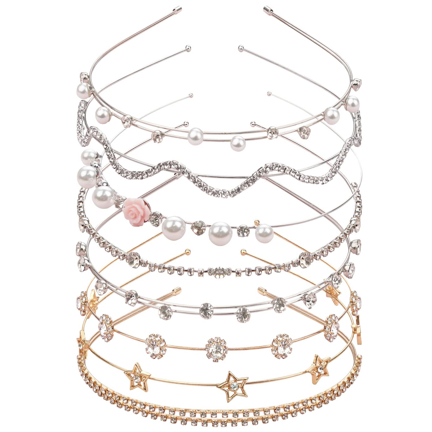 Yxiang 8PCS Crystal Headbands for Women, Pearls Flower Hairbands Fashion Rhinestone Headband Gold Sliver Metal Decorative Headpiece Headdress Kid Girl Women Bride