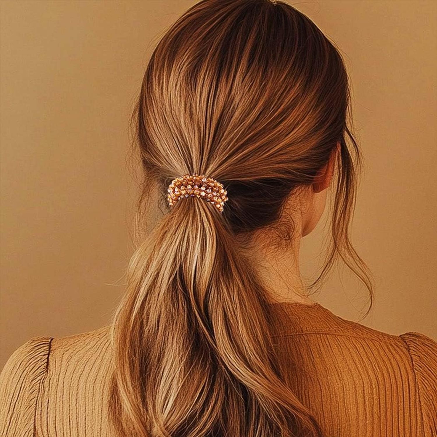 Fashey Rhinestone Hair Ties Champagne Elastic Ponytail Holder 3 Pcs Beaded Hairbands Stretchy Hair Accessories for Women