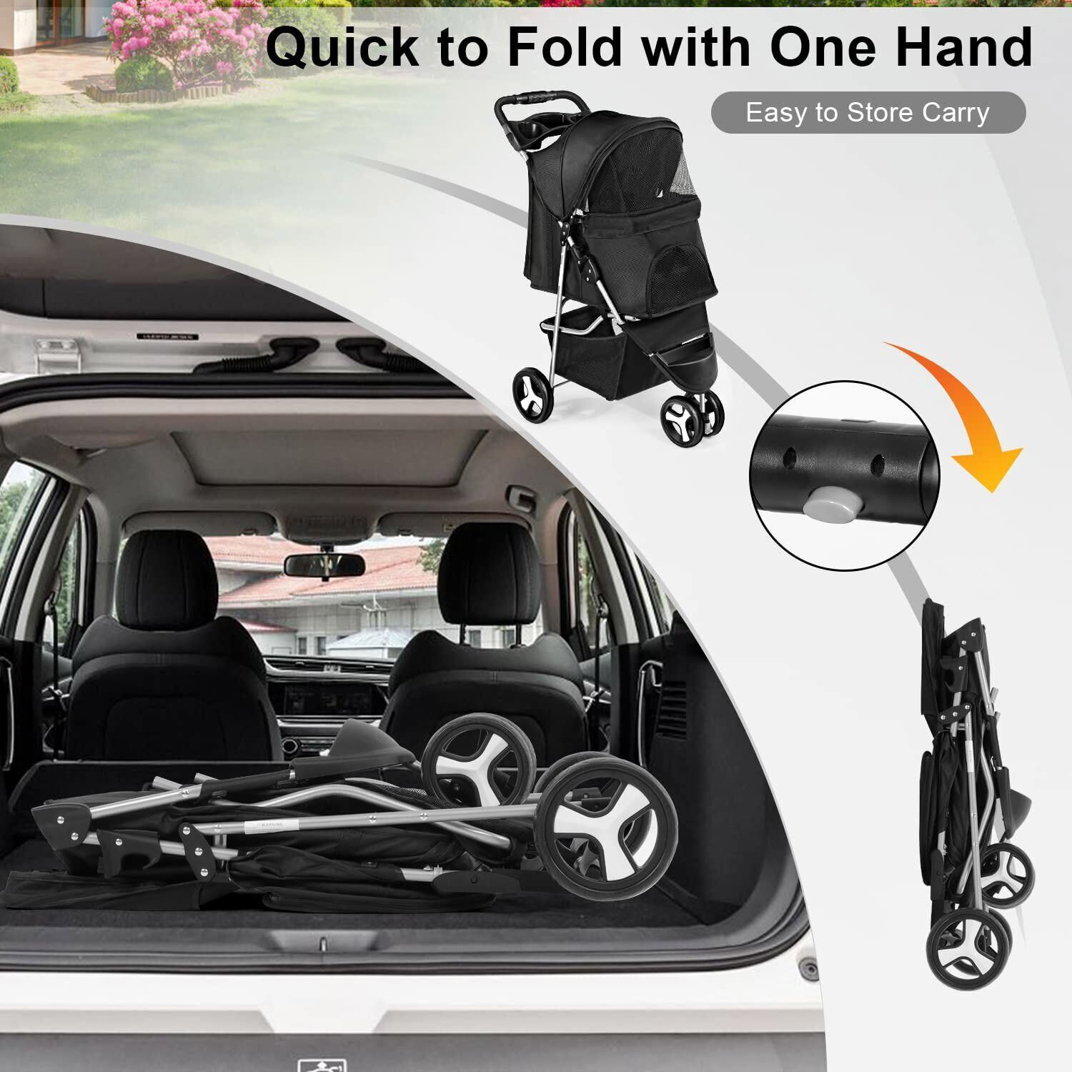 Pet Stroller 3 Wheels Multifunction Dog Cat Stroller w/Storage Basket&Cup Holder