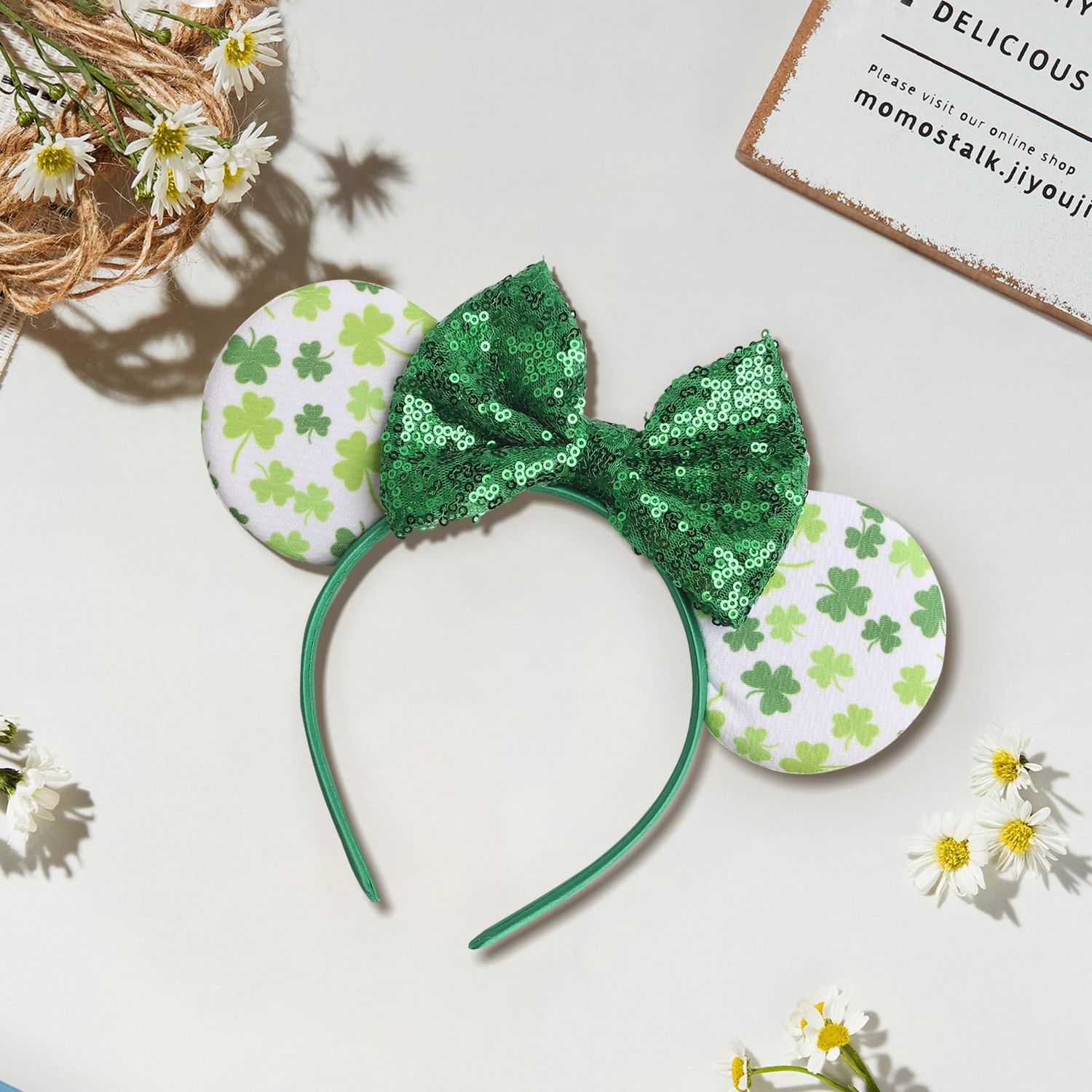 CIVFCRT Shamrock Headbands Green Lucky Clover Headbands St. Patrick's Day Mouse Ears Headbands Shiny Green Bows Hairbands for Girls Women Party Parades Clover Hair Decoration (Lucky Clover)