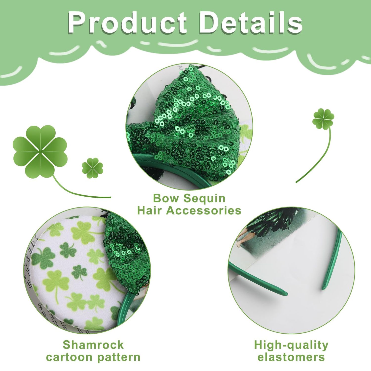 CIVFCRT Shamrock Headbands Green Lucky Clover Headbands St. Patrick's Day Mouse Ears Headbands Shiny Green Bows Hairbands for Girls Women Party Parades Clover Hair Decoration (Lucky Clover)