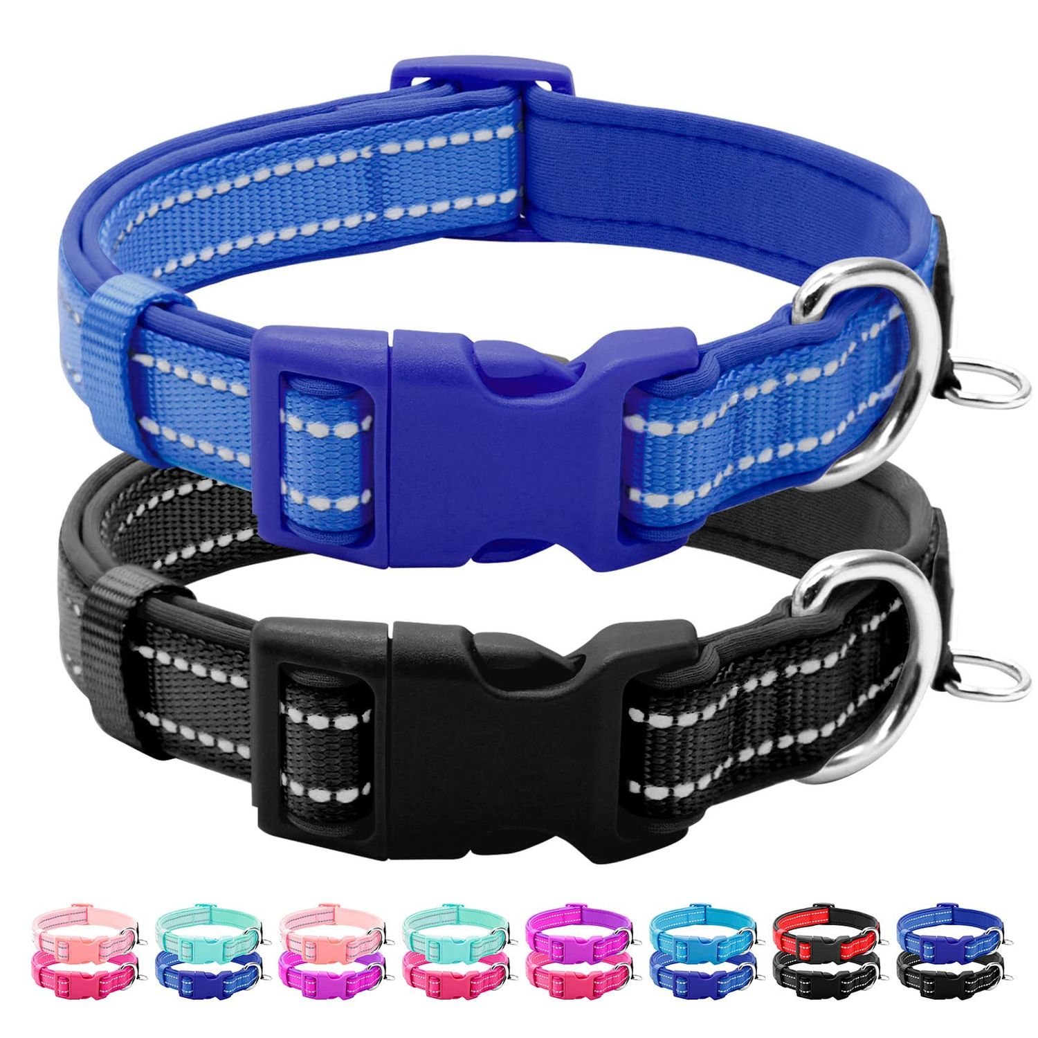 azuza 2 Pack Neoprene Padded Dog Collar for Small Dogs, Reflective Dog Collar with ID Tag Ring, Adjustable Safe and Comfy Dog Collars,Royal Blue/Black,XS