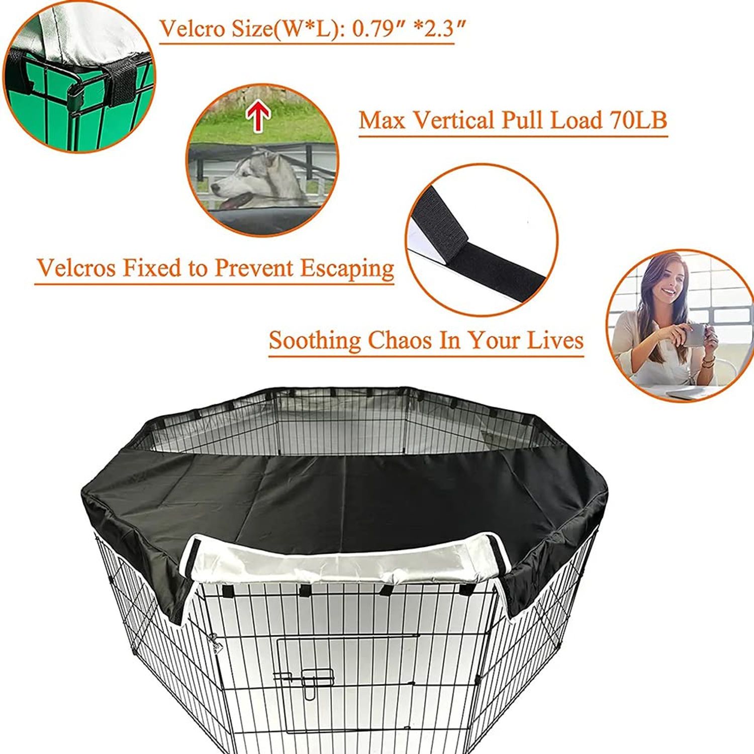 PJYuCien Dog Playpen Mesh Top Cover, Fits 24 Inch 8 Panels Regular Octagon Metal Exercise Pet Playpen, Velcro Connections, Black (Note: Cover Only, Playpen Not Included !!!)
