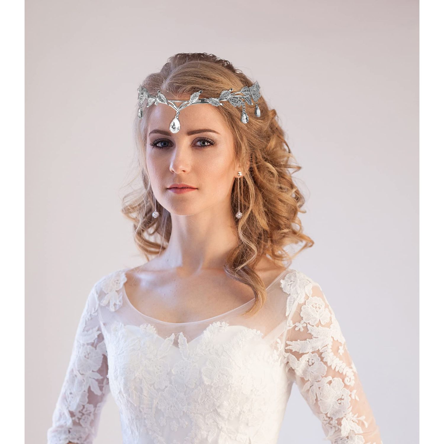 DS Rhinestone Wedding Tiara Crown for Brides, Goddess elf Princess Fairy Crystal Pendent Headband Leaf Cosplay Crown for women girls Hair Accessory for Brides Pageant Wedding Prom Birthday-Silver 2