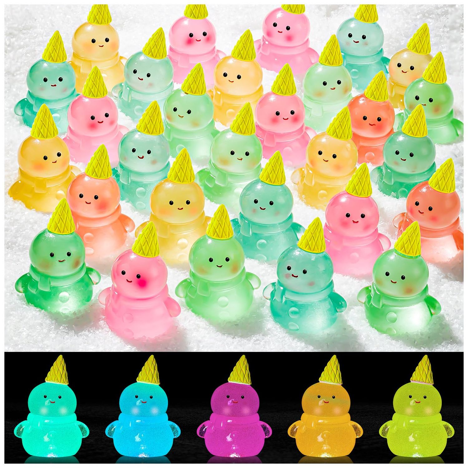 LHSYFBZ 50Pcs Luminous Mini Resin Snowman, Miniature Snowman, Glow in The Dark Tiny Snowman for Garden Landscape Aquarium Dollhouse Birthday Party Room Crafts Decor