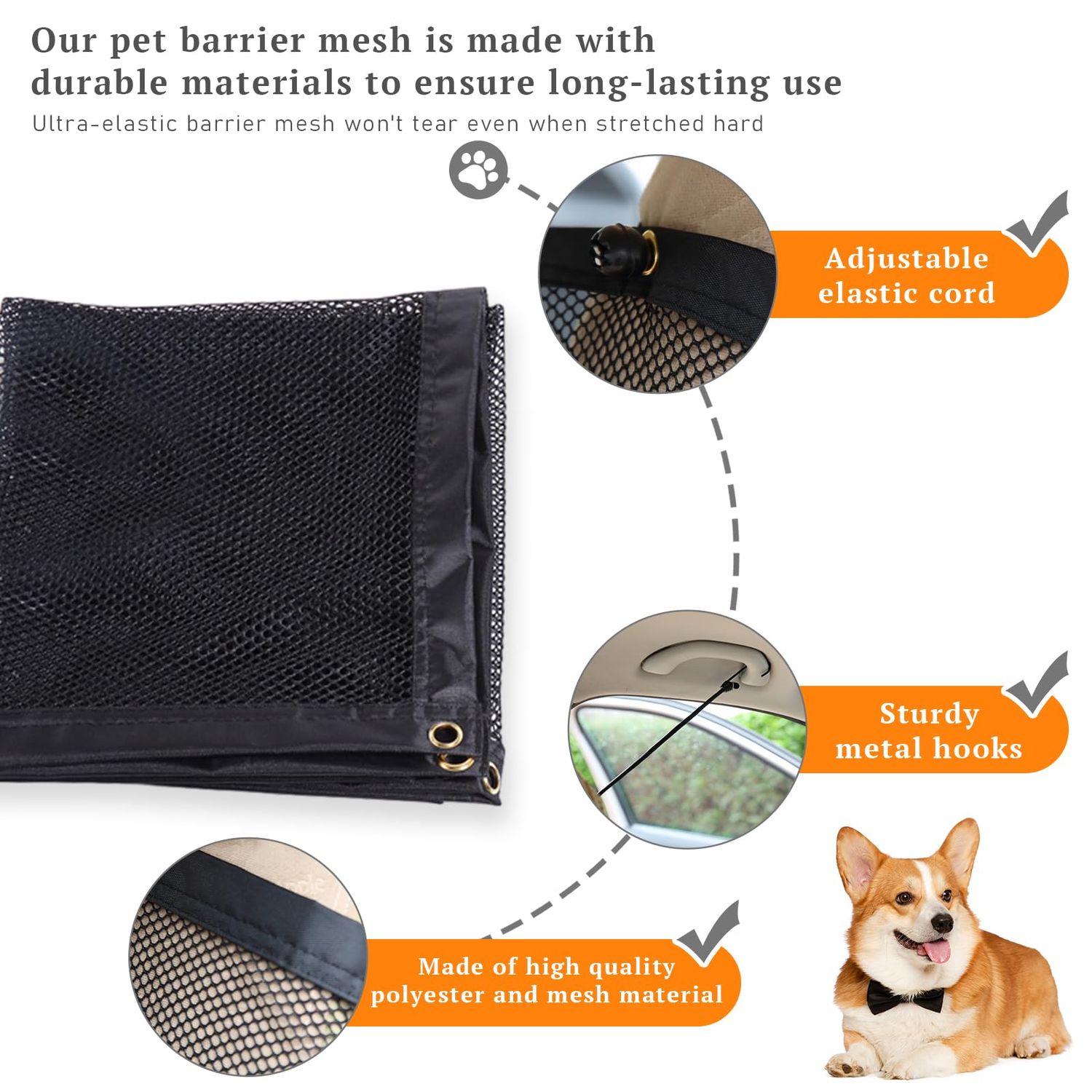 Dickno Car Mesh Organizer, 44.9''×24'' Stretchable Vehicle Pet Barrier Backseat Mesh with Adjustable Ropes and Hooks, Universal Auto Back Seat Safety Fence Divider for Pet Children
