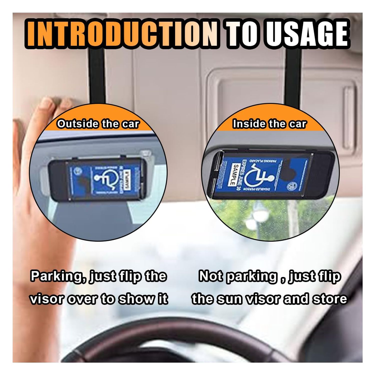 JOYCOURT Handicap Placard Holder for Car, Disabled Parking Permit Sign Protector, Car Interior Sun Visor Storage Clip with Pen Holder, Note Paper Slot, Elastic Strap