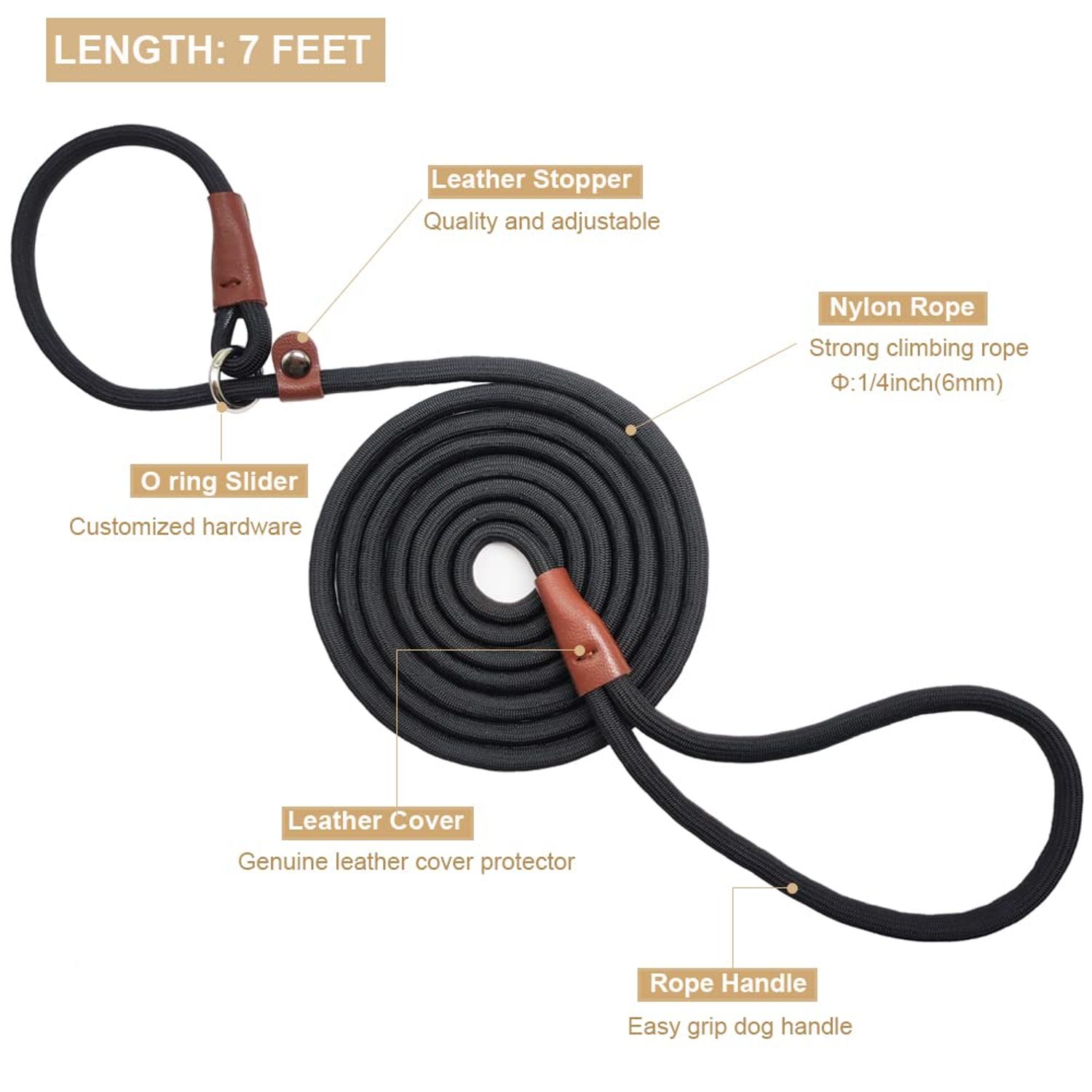 BTINESFUL Slip Lead Dog Leash, Strong Nylon Rope , 1/4 & 1/2 inch Diam Dog Training Lead for Small Medium Large Dogs (1/4" * 7 FT, Black)