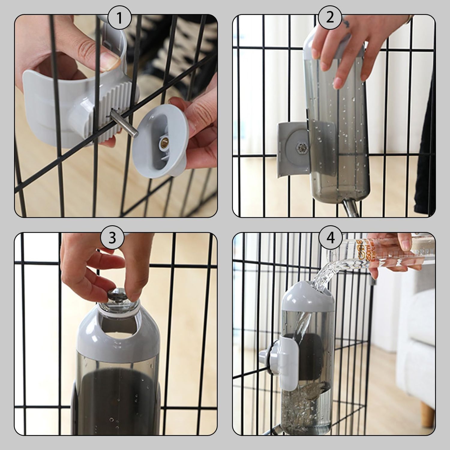 septillar Pet Water Bottle Hanging Dog Water Dispenser Kennel Drinker Kettle Feeder BPA Free Cage Crate Hutch Puppy Cat Rabbit (17oz, Gray)