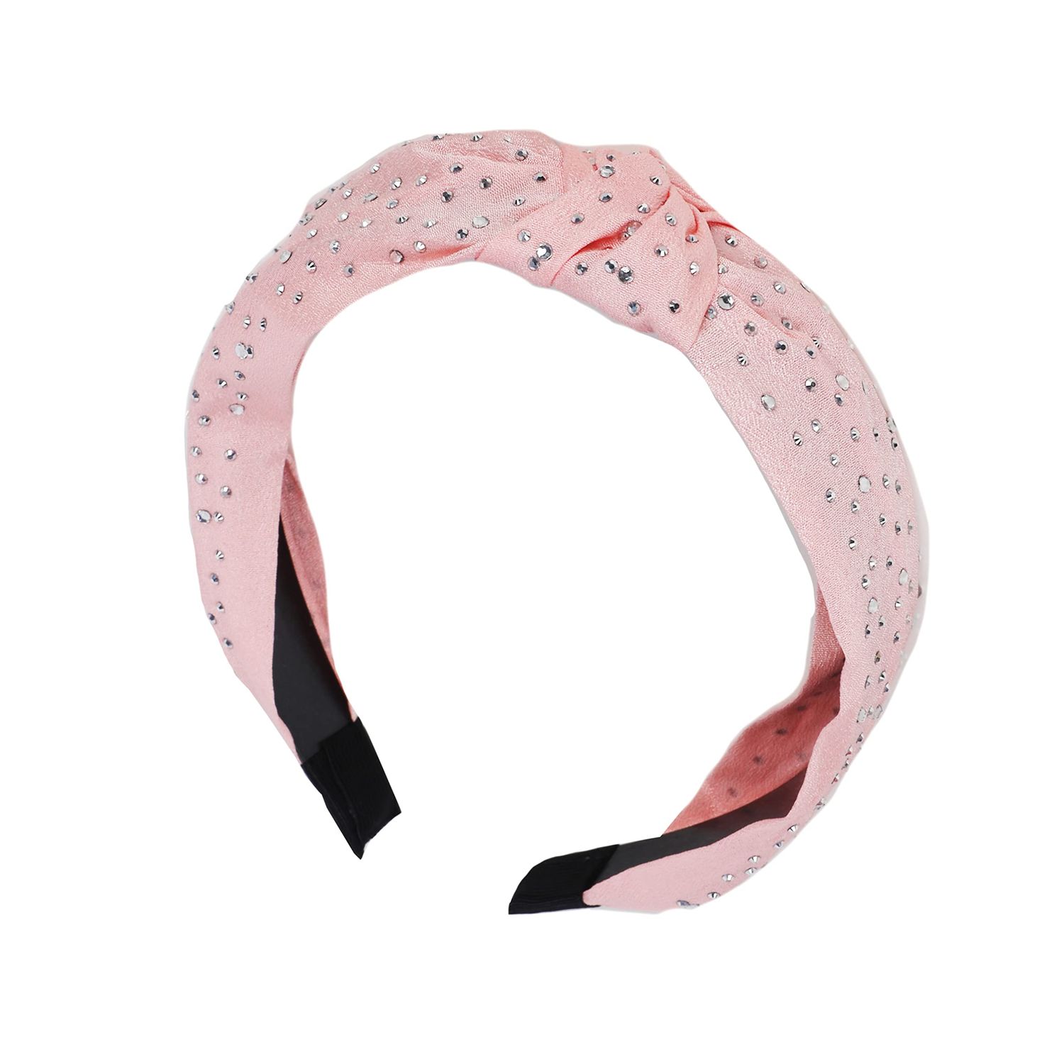 Motique Accessories Satin Turban Knot Headband with Silver Gems for Women and Girls (Light Pink Studs)