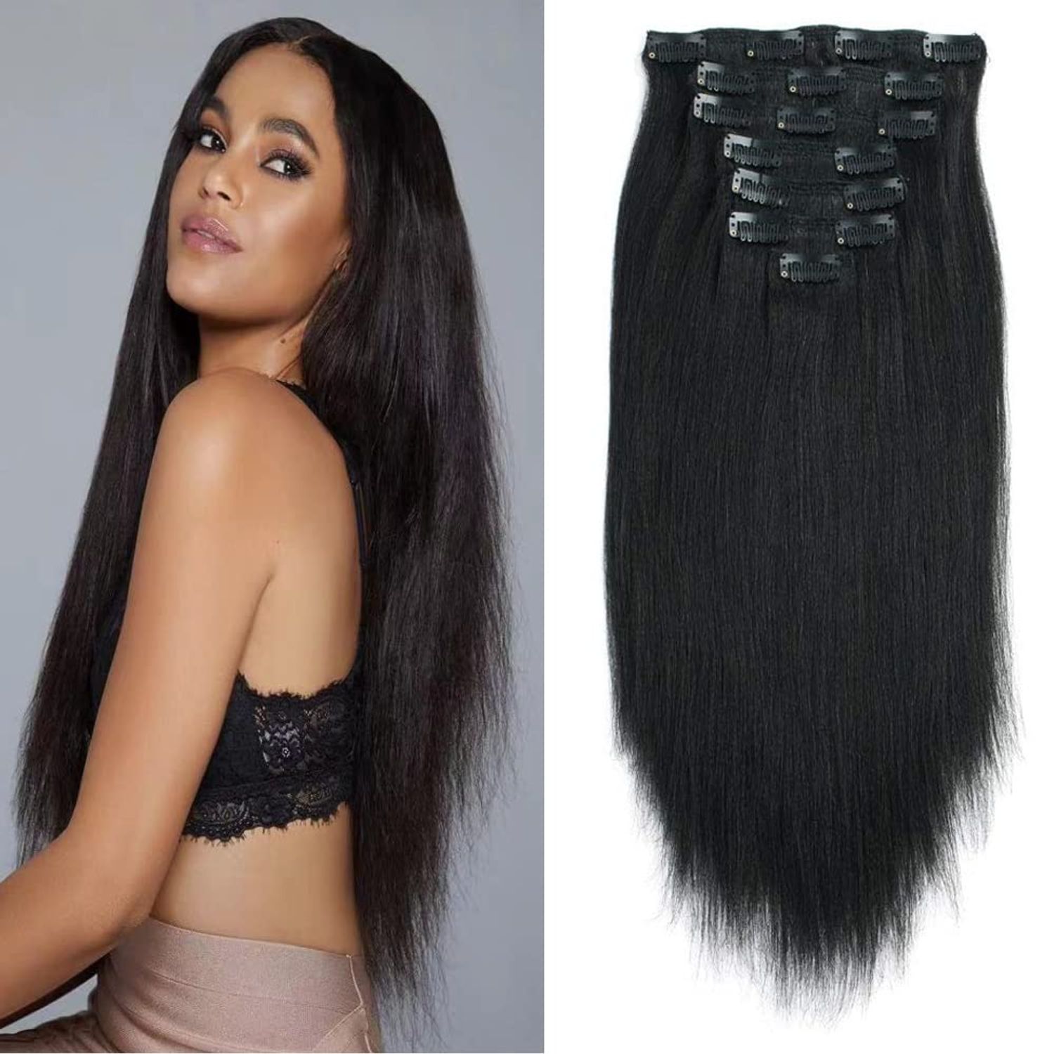 Yaki Straight Clip Ins Black Hair Extensions Clip in Extensions For Black Women Yaki Straight Curly Remy Real Hair Clip in Human Hair Extensions 7PCS/Set 16Inch 120Gram