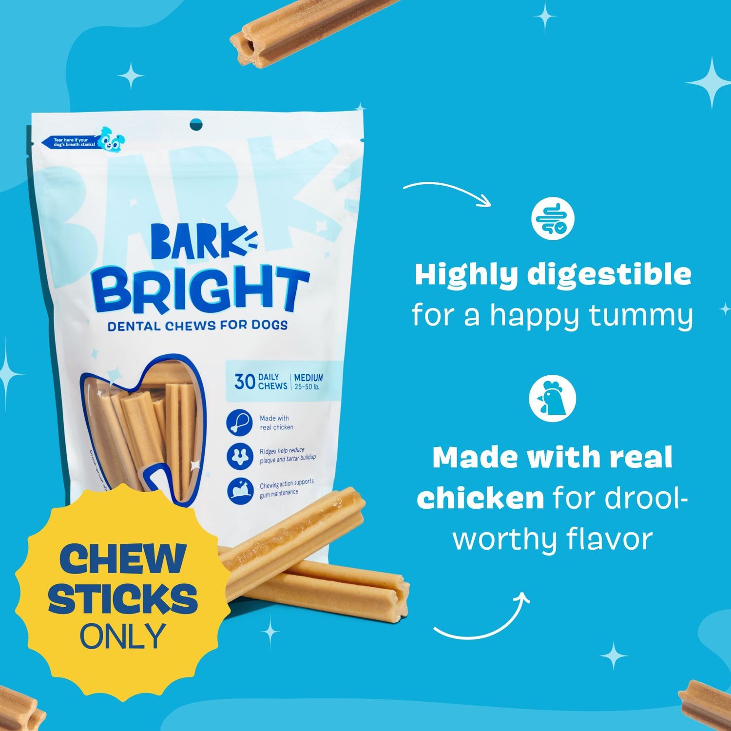 Barkbox Bright Original Dog Dental Chew Sticks Plaque and Tartar Cleaning, Medium Breeds (30 Chews)