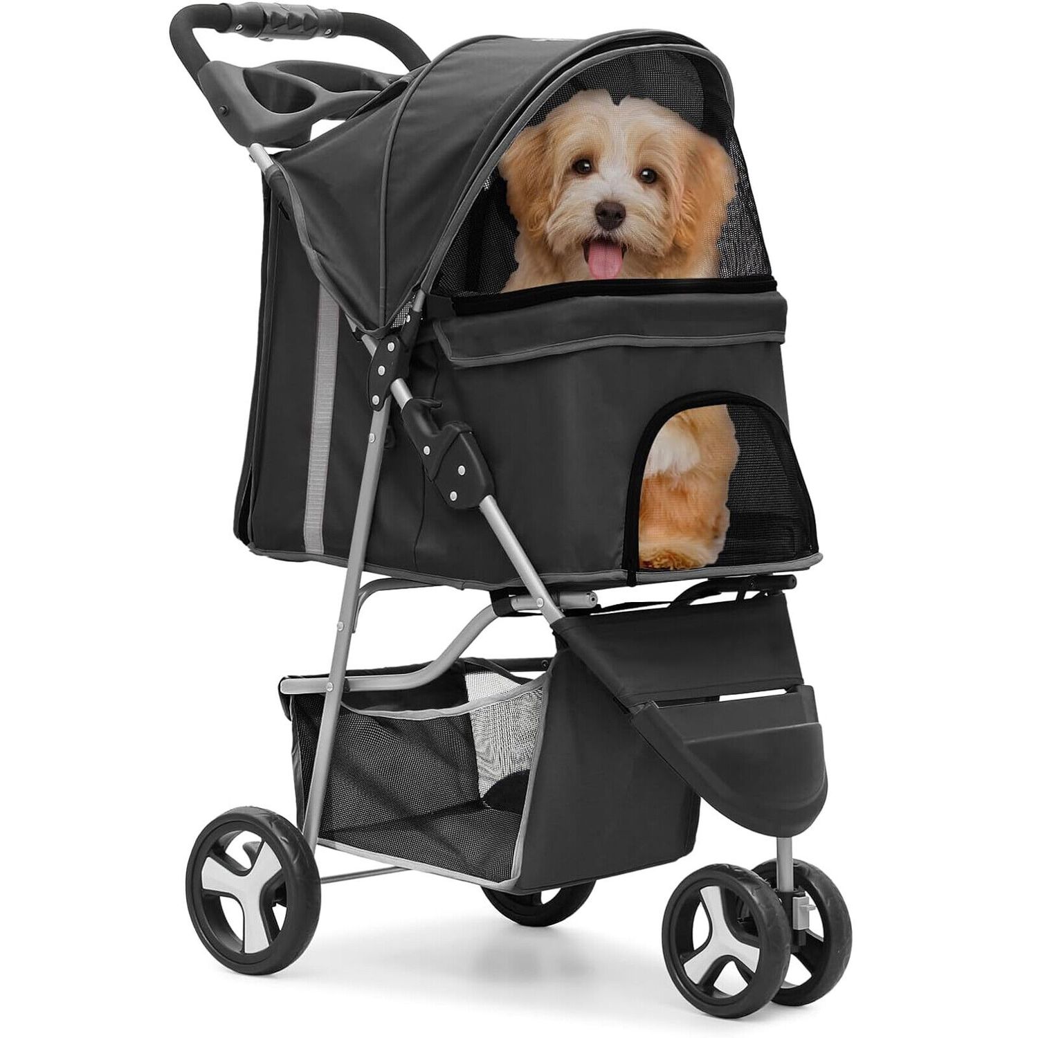 3 Wheels Foldable Pet Strollers Portable Travel Carrier with Cup Holder Black