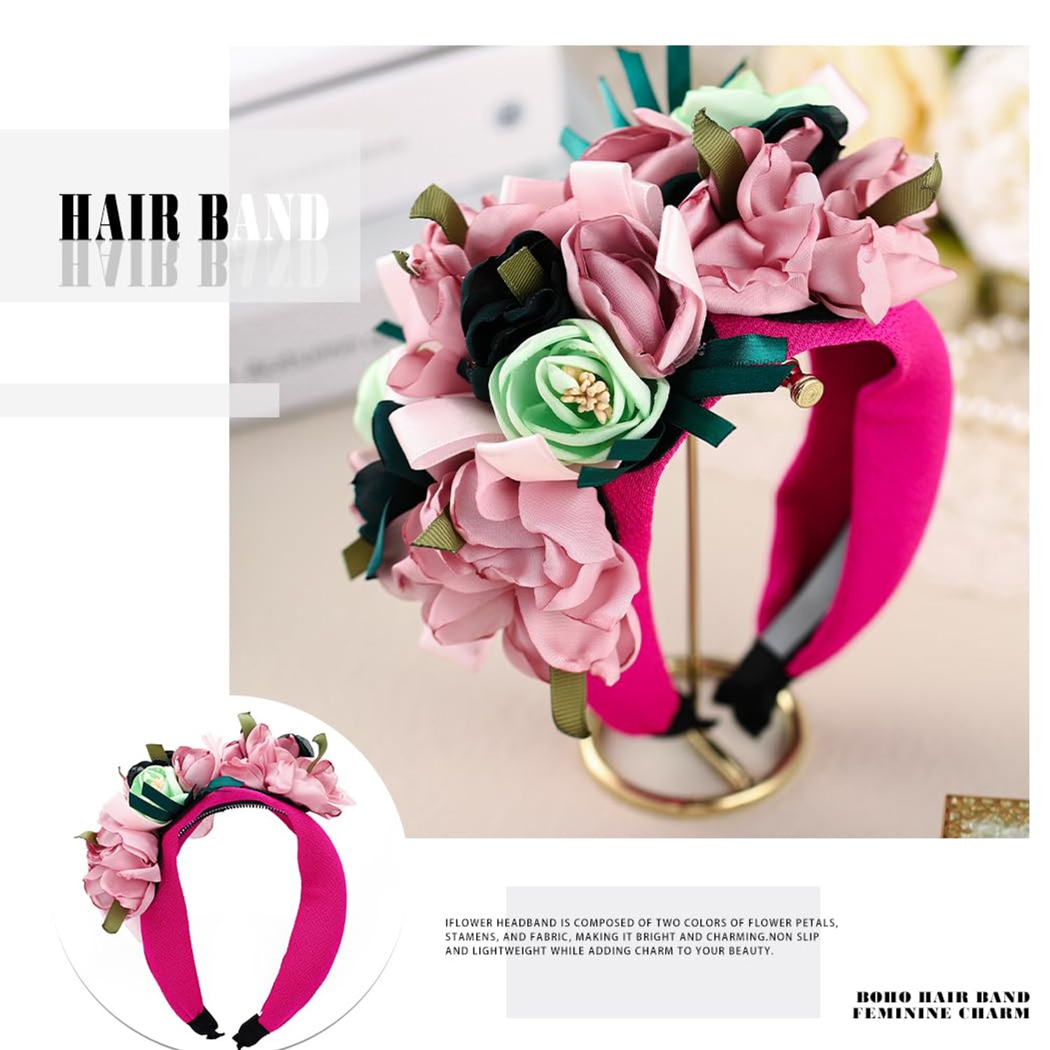 Sinalty Boho Wide Headbands Flowers Pink Headband Non Slip Handmade Hair Bands for Women's Hair Festival Prom Party Headwear (Pink)