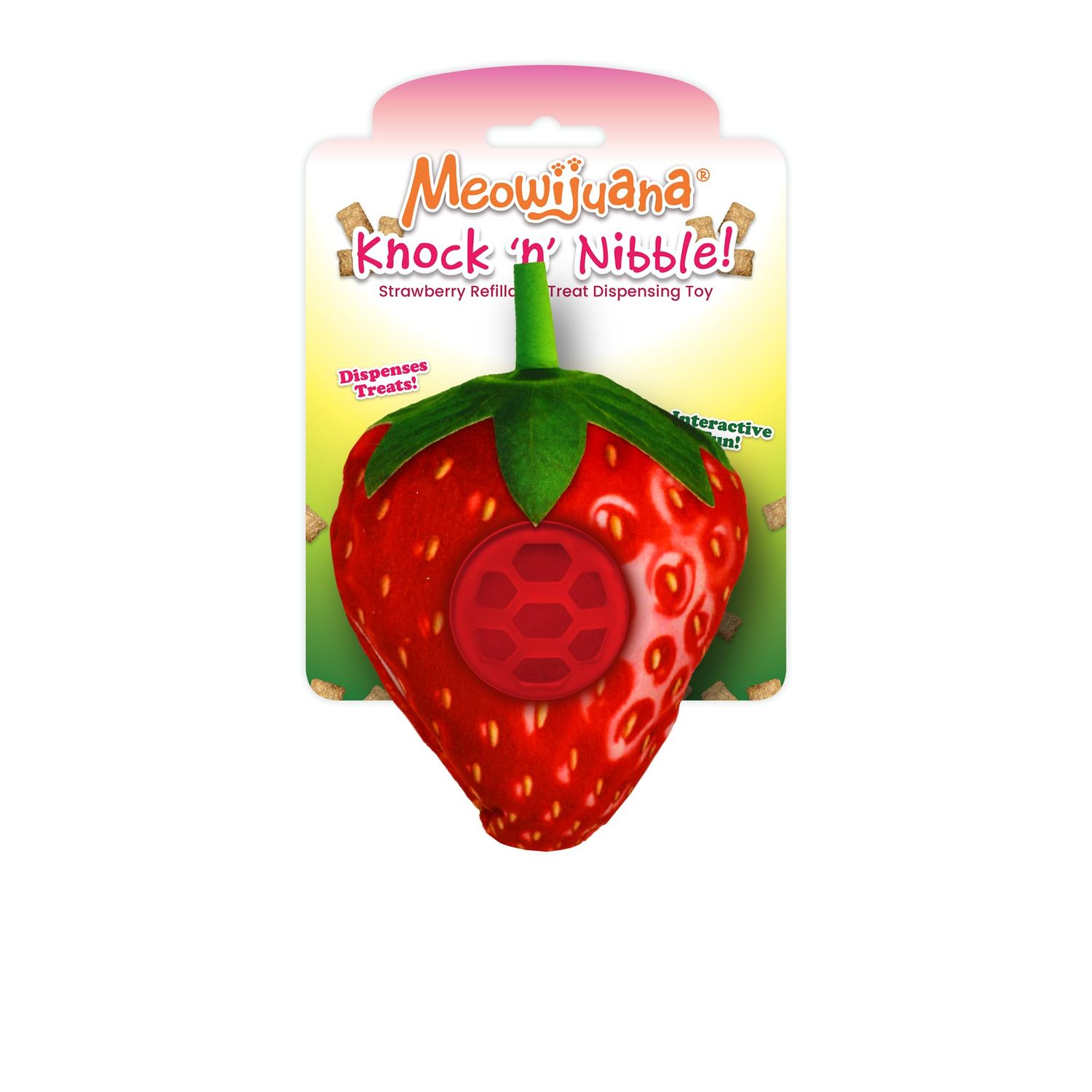 Meowijuana | Knock N' Nibble Strawberry | Refillable Treat Dispensing Toy | Promotes Play and Cat Health