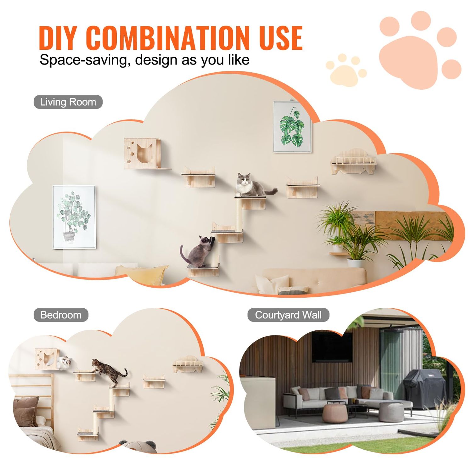 Happybuy Wall Mounted Cat Shelves, Cat Wall Shelves and Perches with Jumping Boards, Nest, Barrier Board & Cat Tree, Cat Floating Furniture up to 40 lbs for Sleeping, Playing, Climbing, Set of 5
